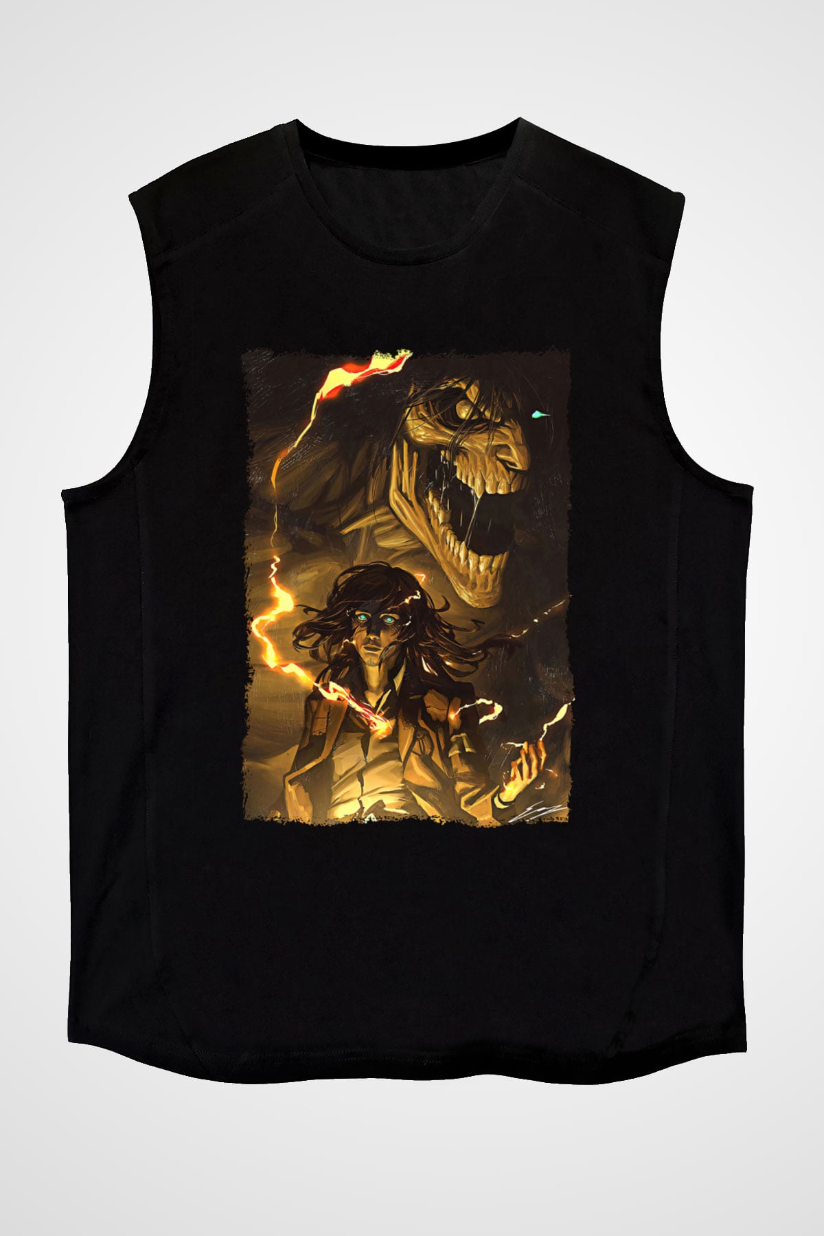 Attack On Titan Baskılı Unisex Siyah Kolsuz Tişört - Tshirt