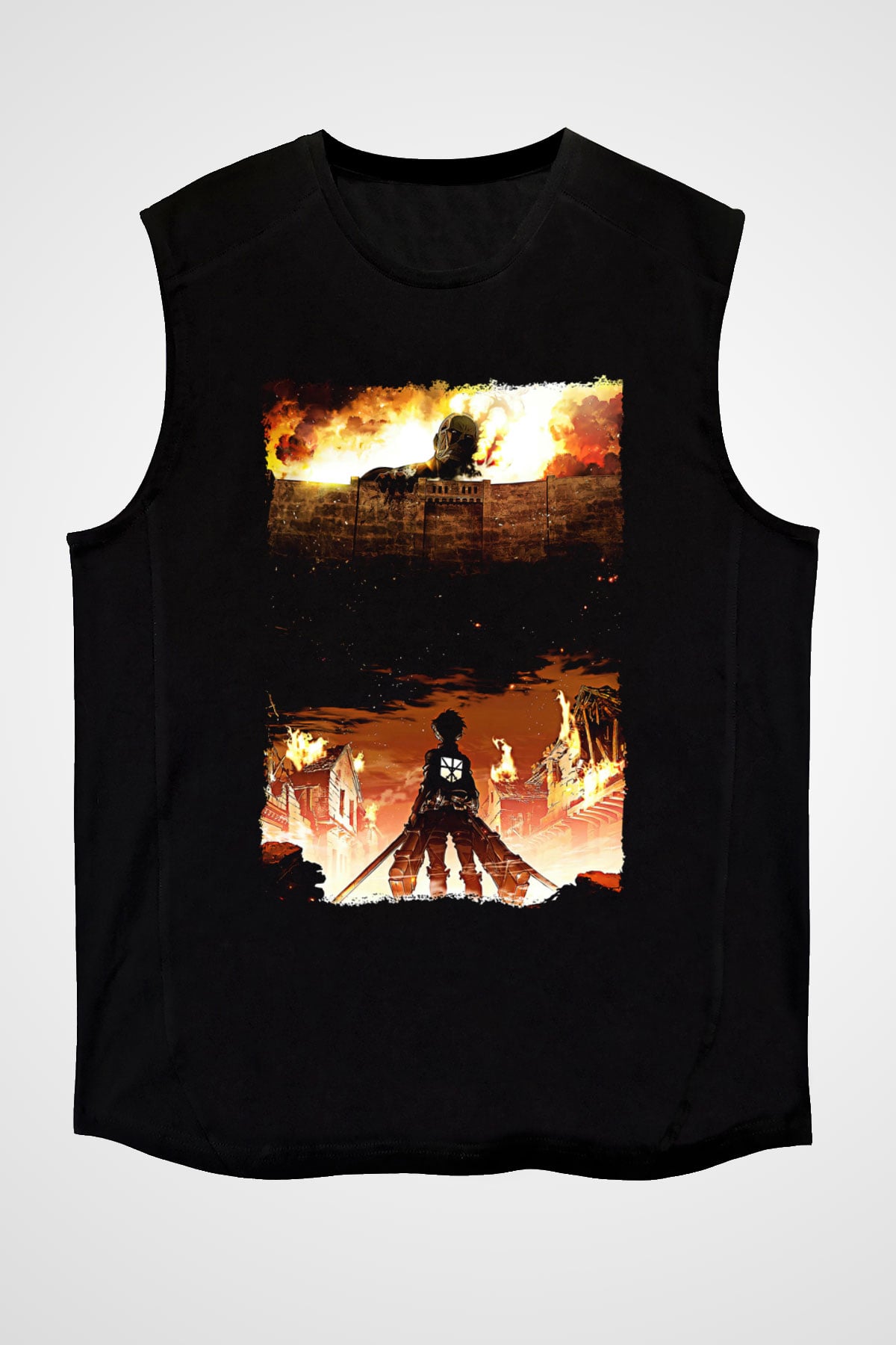 Attack On Titan Baskılı Unisex Siyah Kolsuz Tişört - Tshirt