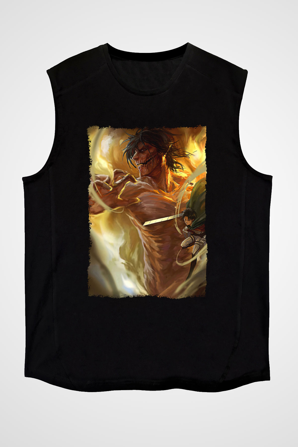 Attack On Titan Baskılı Unisex Siyah Kolsuz Tişört - Tshirt