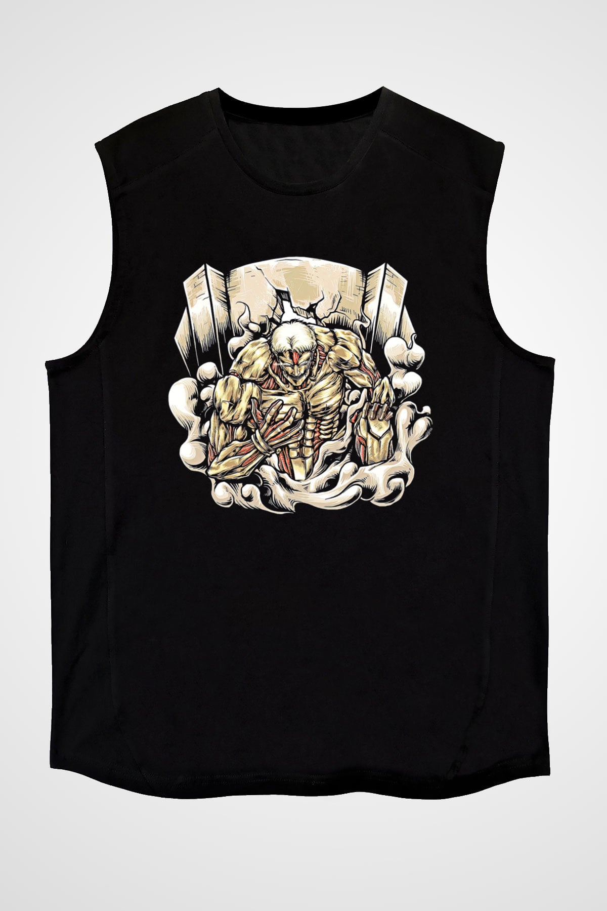 Attack On Titan Baskılı Unisex Siyah Kolsuz Tişört - Tshirt