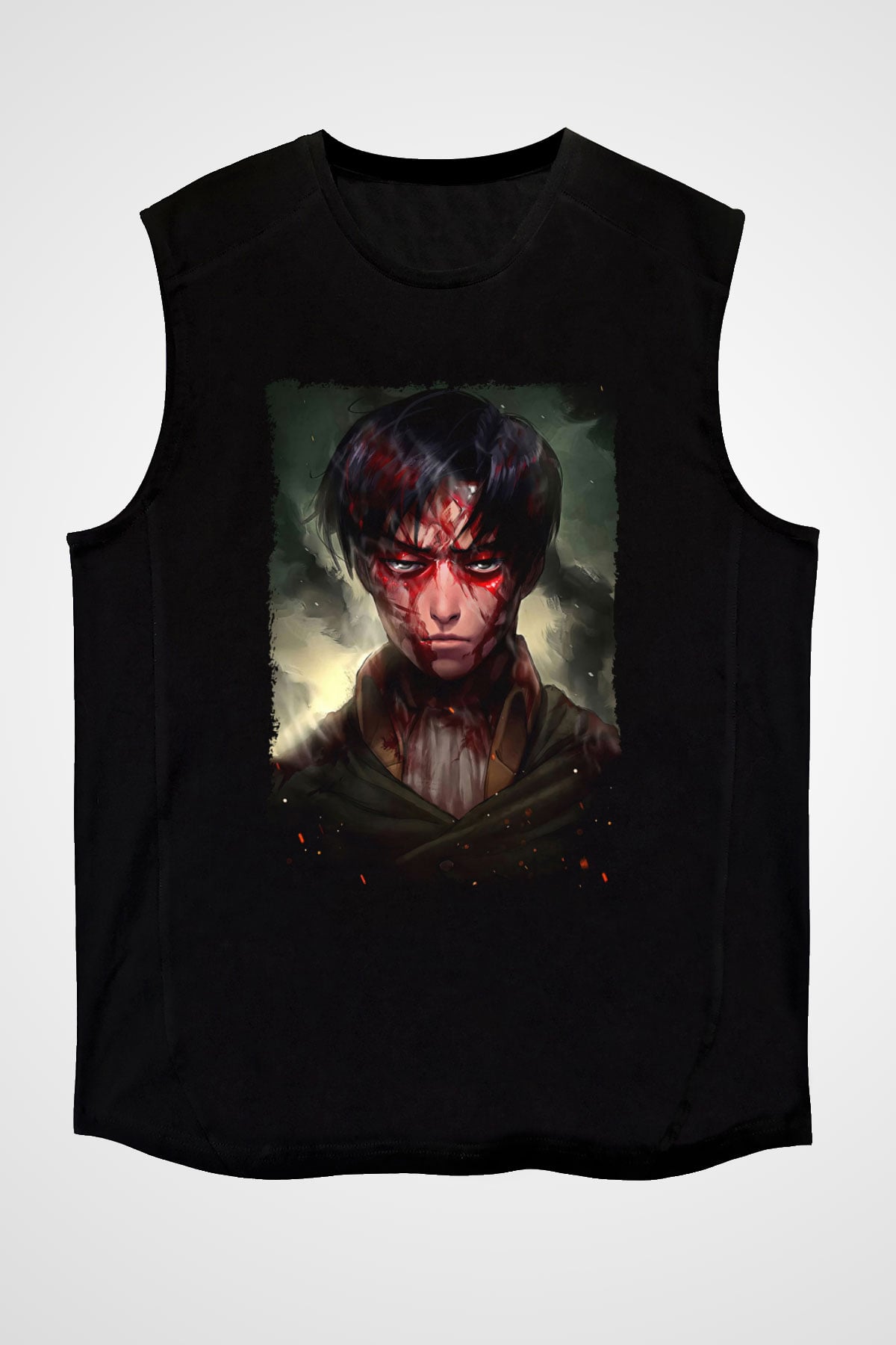 Attack On Titan Baskılı Unisex Siyah Kolsuz Tişört - Tshirt