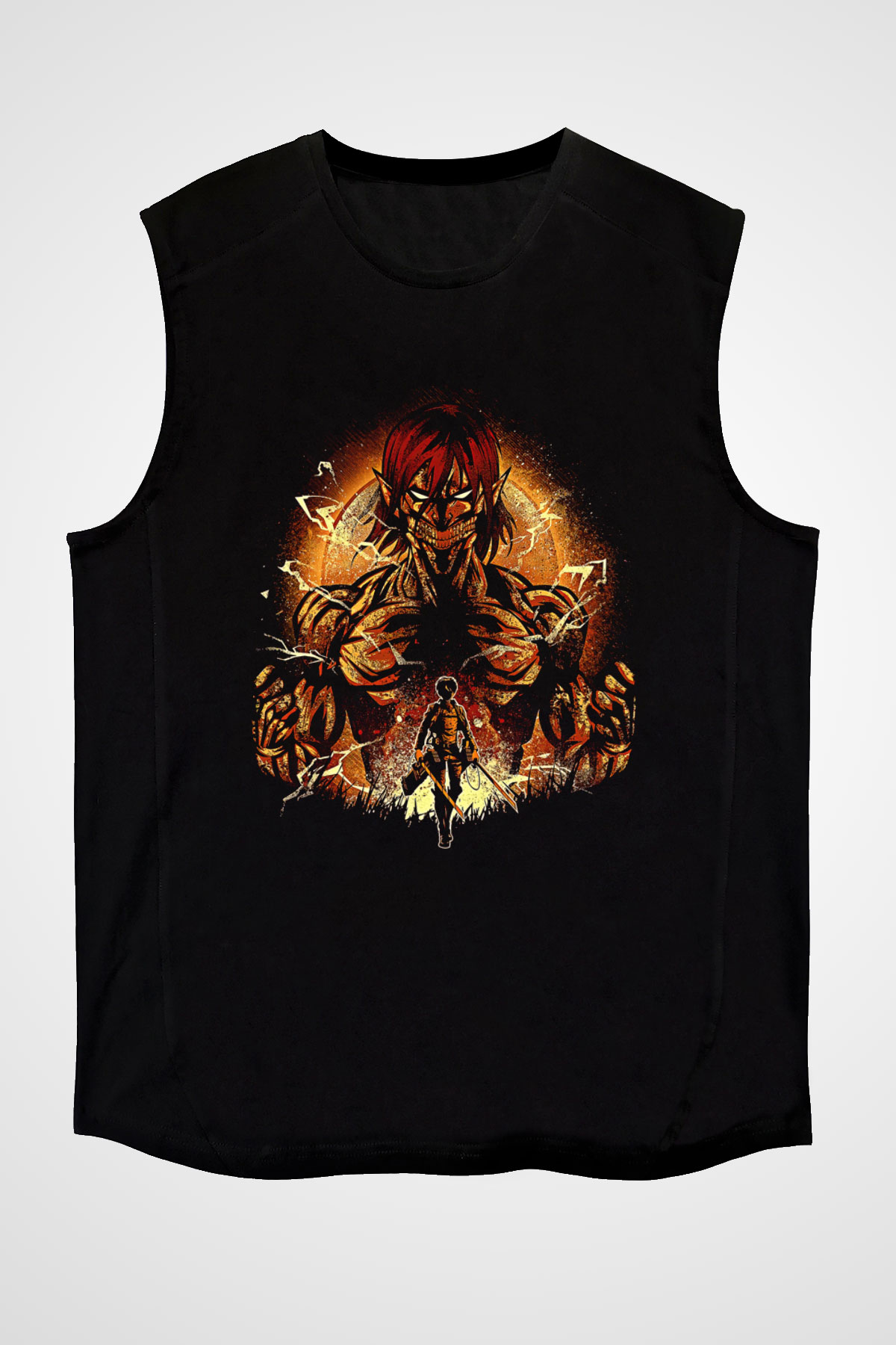 Attack On Titan Baskılı Unisex Siyah Kolsuz Tişört - Tshirt
