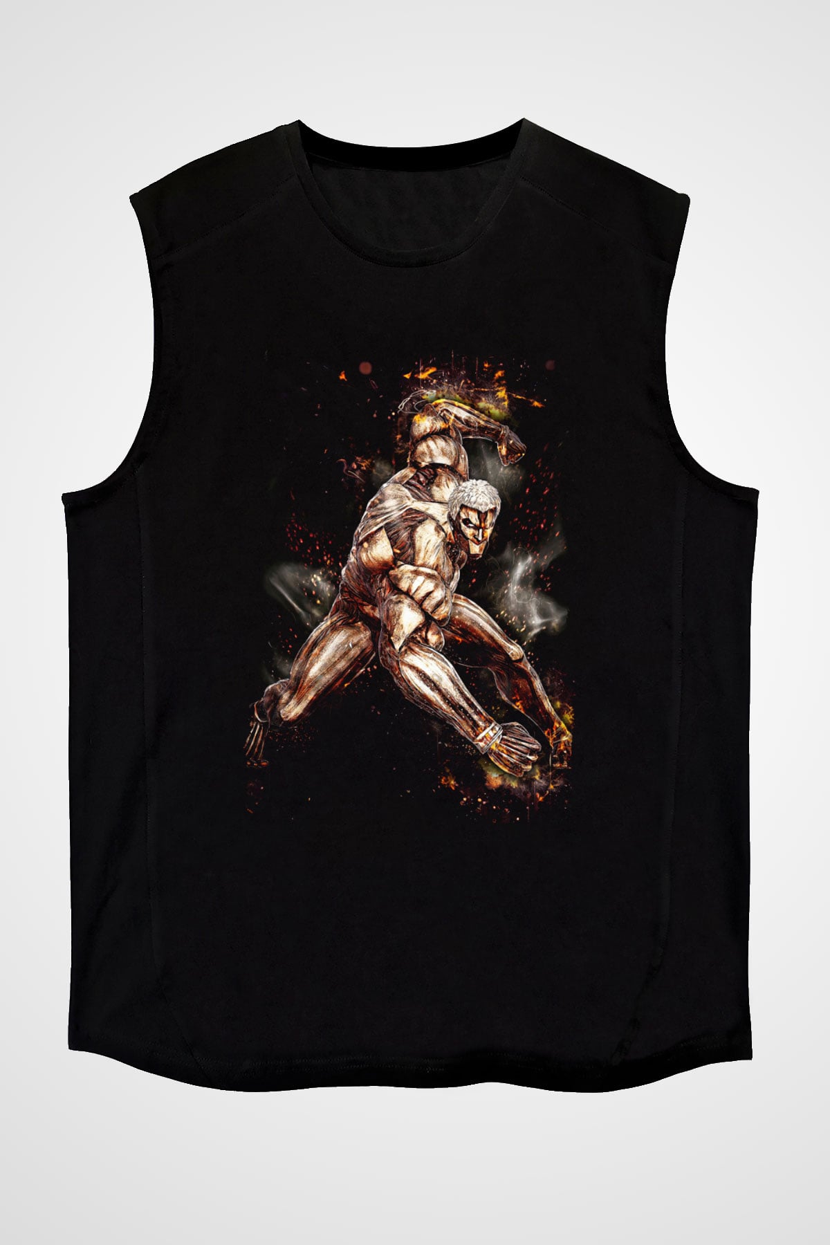 Attack On Titan Baskılı Unisex Siyah Kolsuz Tişört - Tshirt