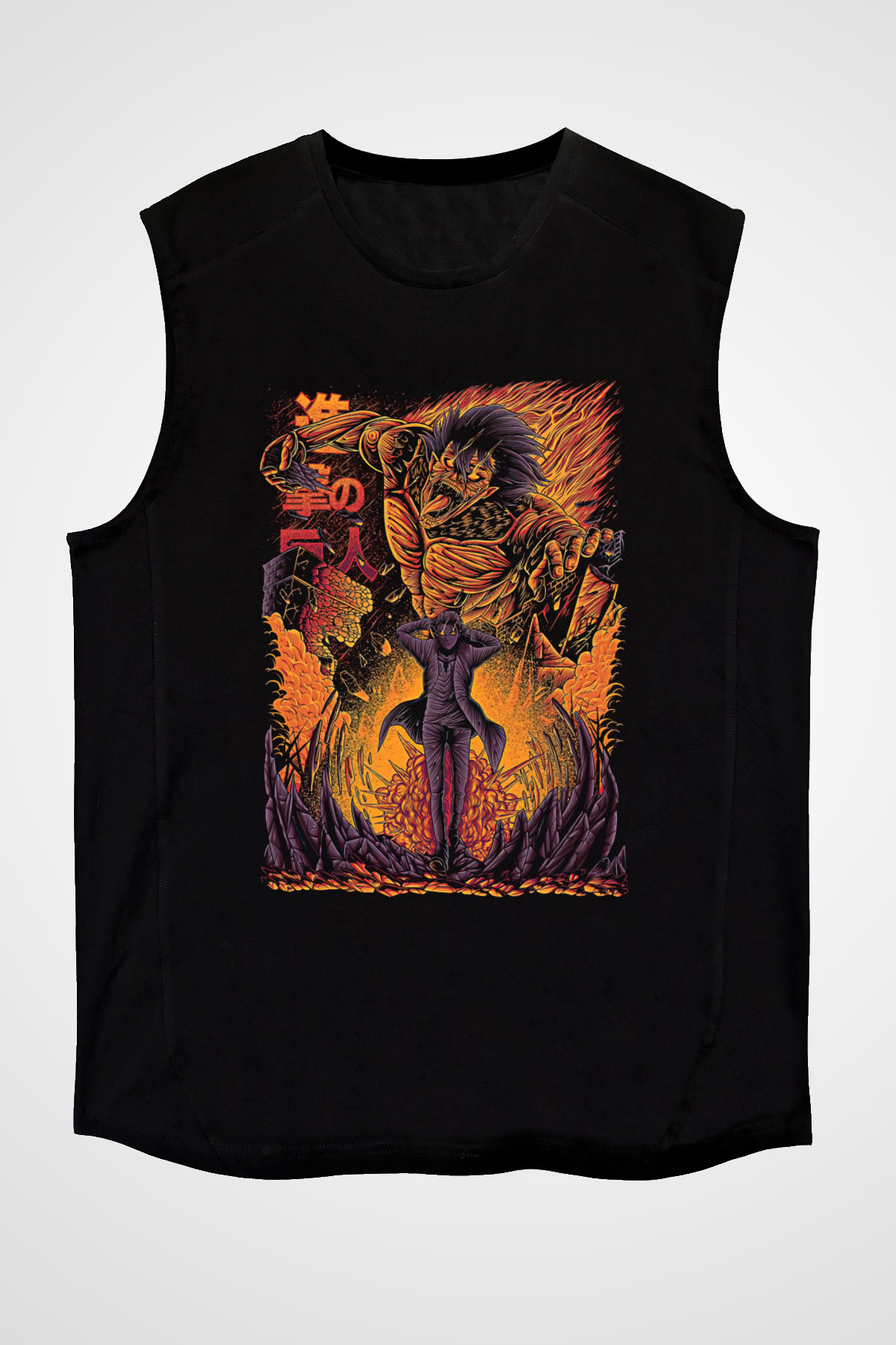 Attack On Titan Baskılı Unisex Siyah Kolsuz Tişört - Tshirt