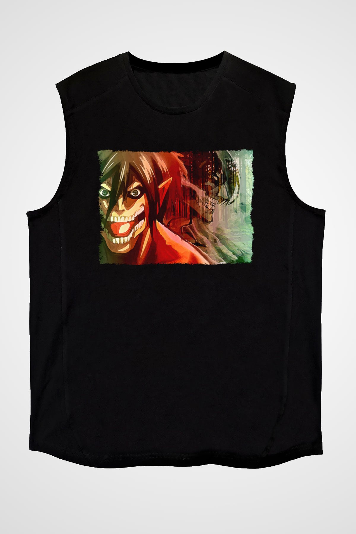 Attack On Titan Baskılı Unisex Siyah Kolsuz Tişört - Tshirt