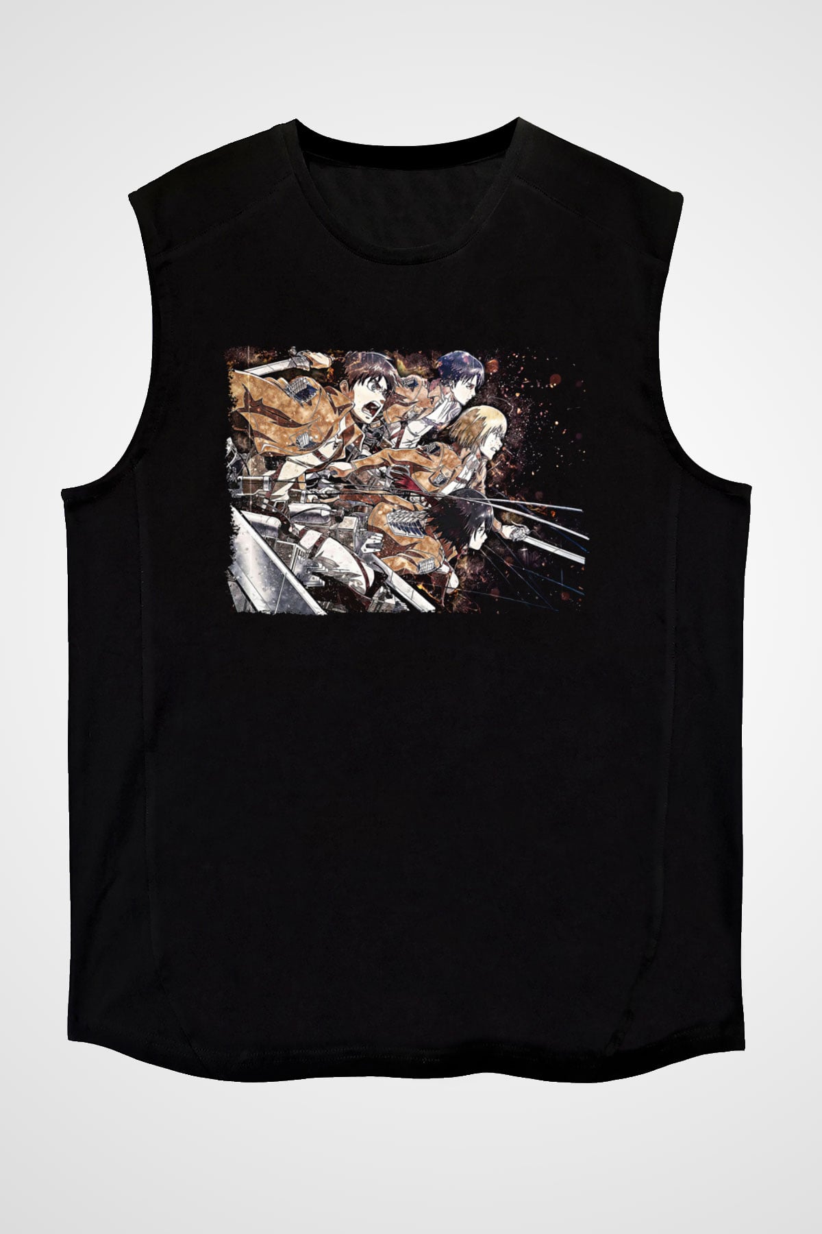 Attack On Titan Baskılı Unisex Siyah Kolsuz Tişört - Tshirt
