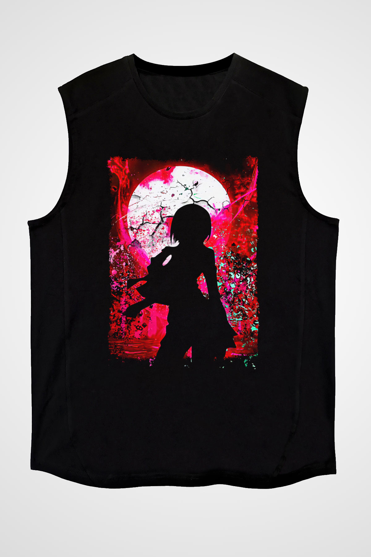 Attack On Titan Baskılı Unisex Siyah Kolsuz Tişört - Tshirt