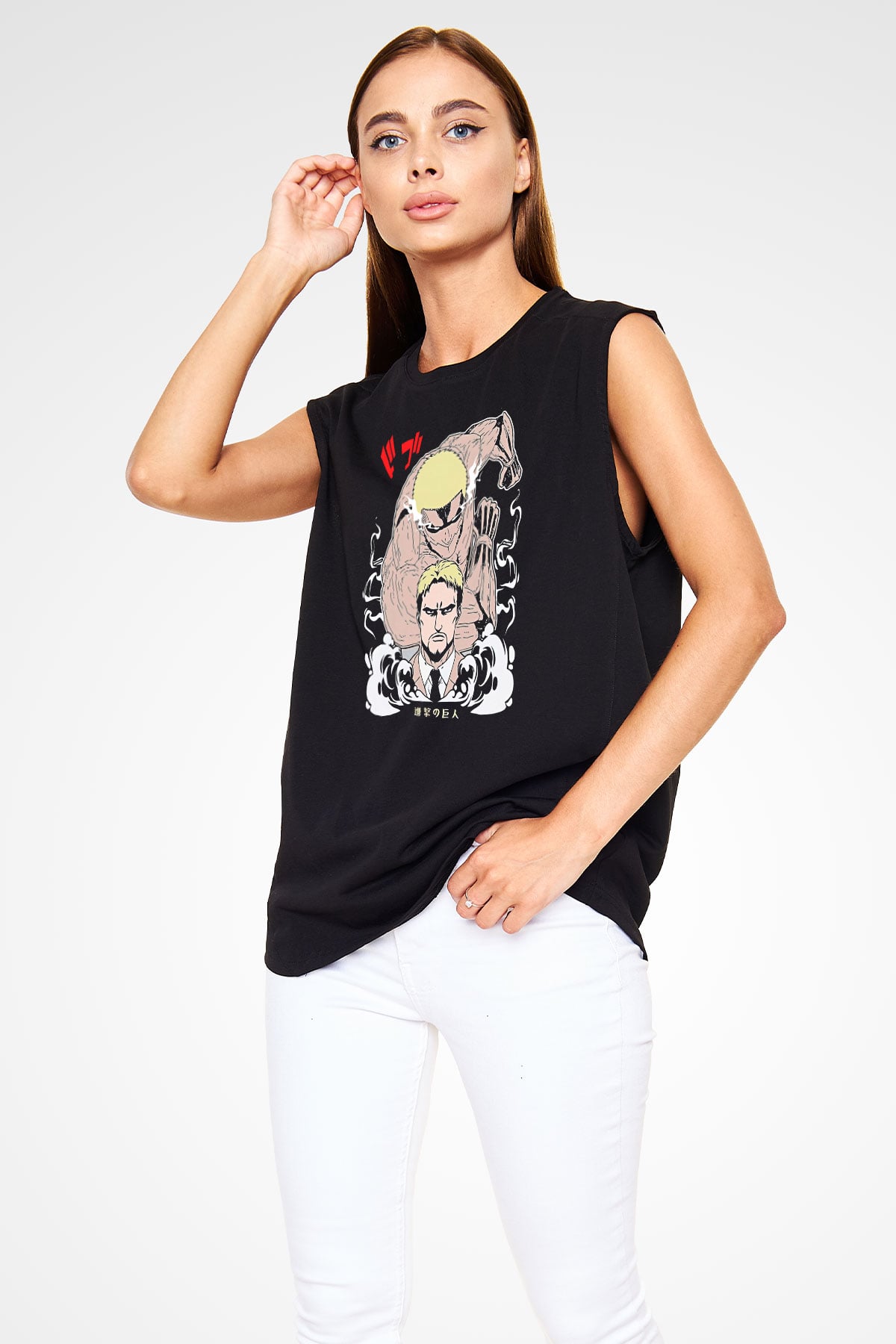 Attack On Titan Baskılı Unisex Siyah Kolsuz Tişört - Tshirt