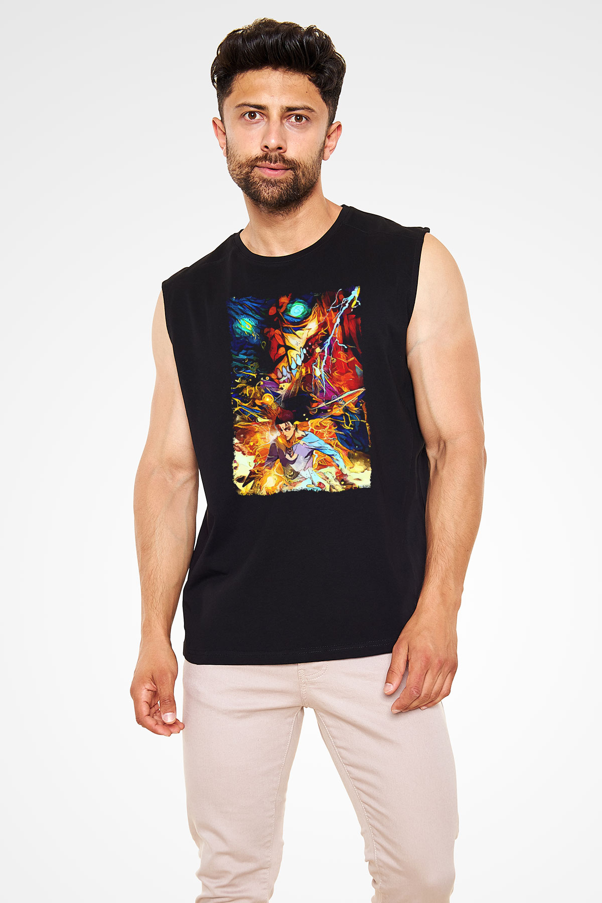 Attack On Titan Baskılı Unisex Siyah Kolsuz Tişört - Tshirt