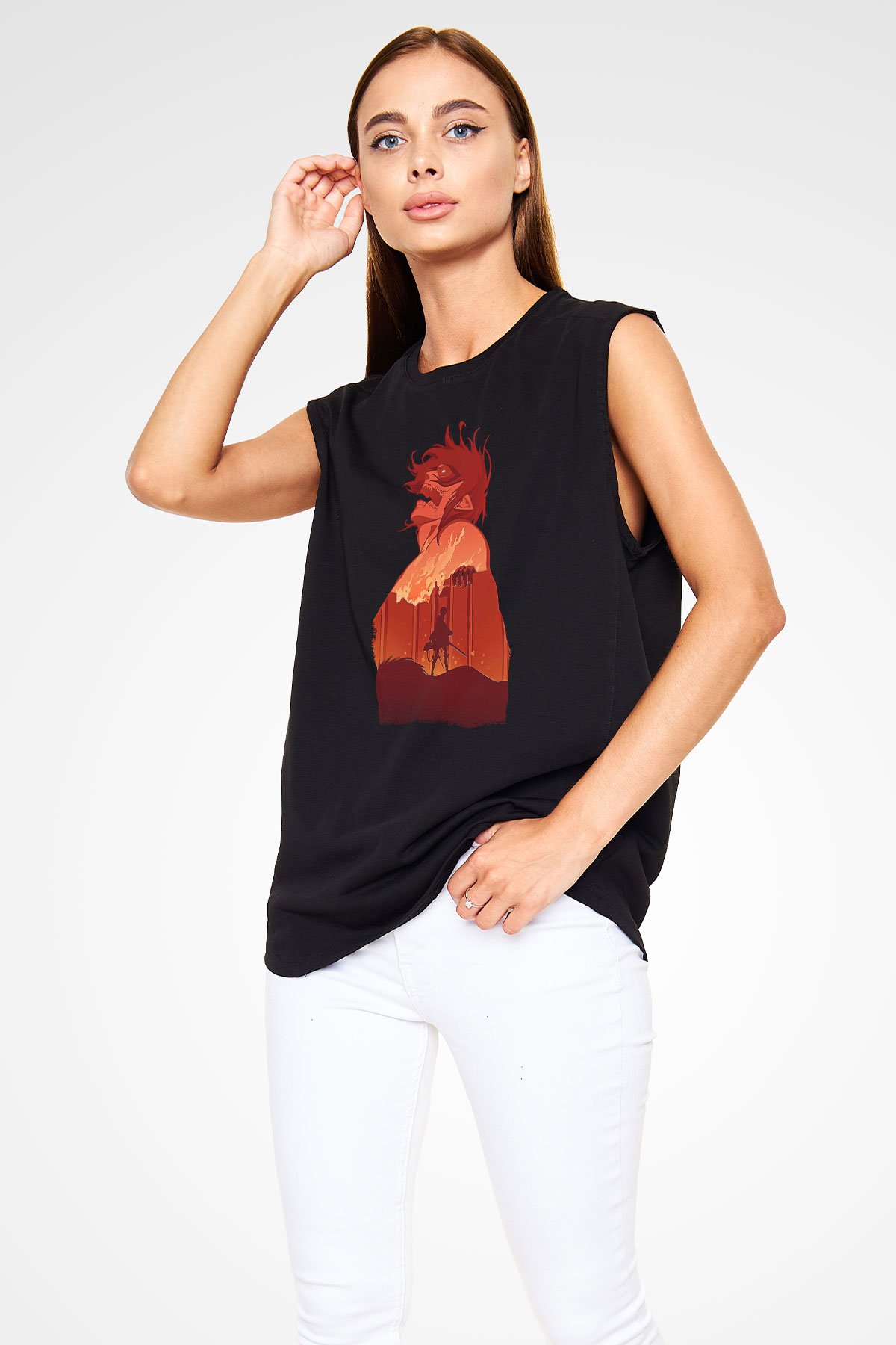Attack On Titan Baskılı Unisex Siyah Kolsuz Tişört - Tshirt