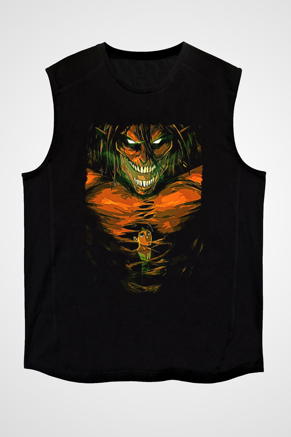Attack On Titan Baskılı Unisex Siyah Kolsuz Tişört - Tshirt