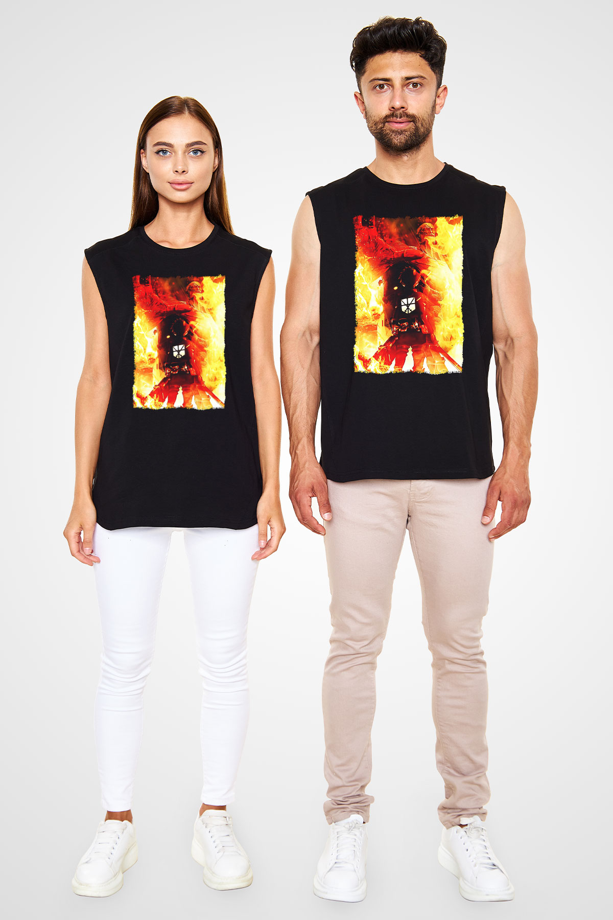 Attack On Titan Baskılı Unisex Siyah Kolsuz Tişört - Tshirt