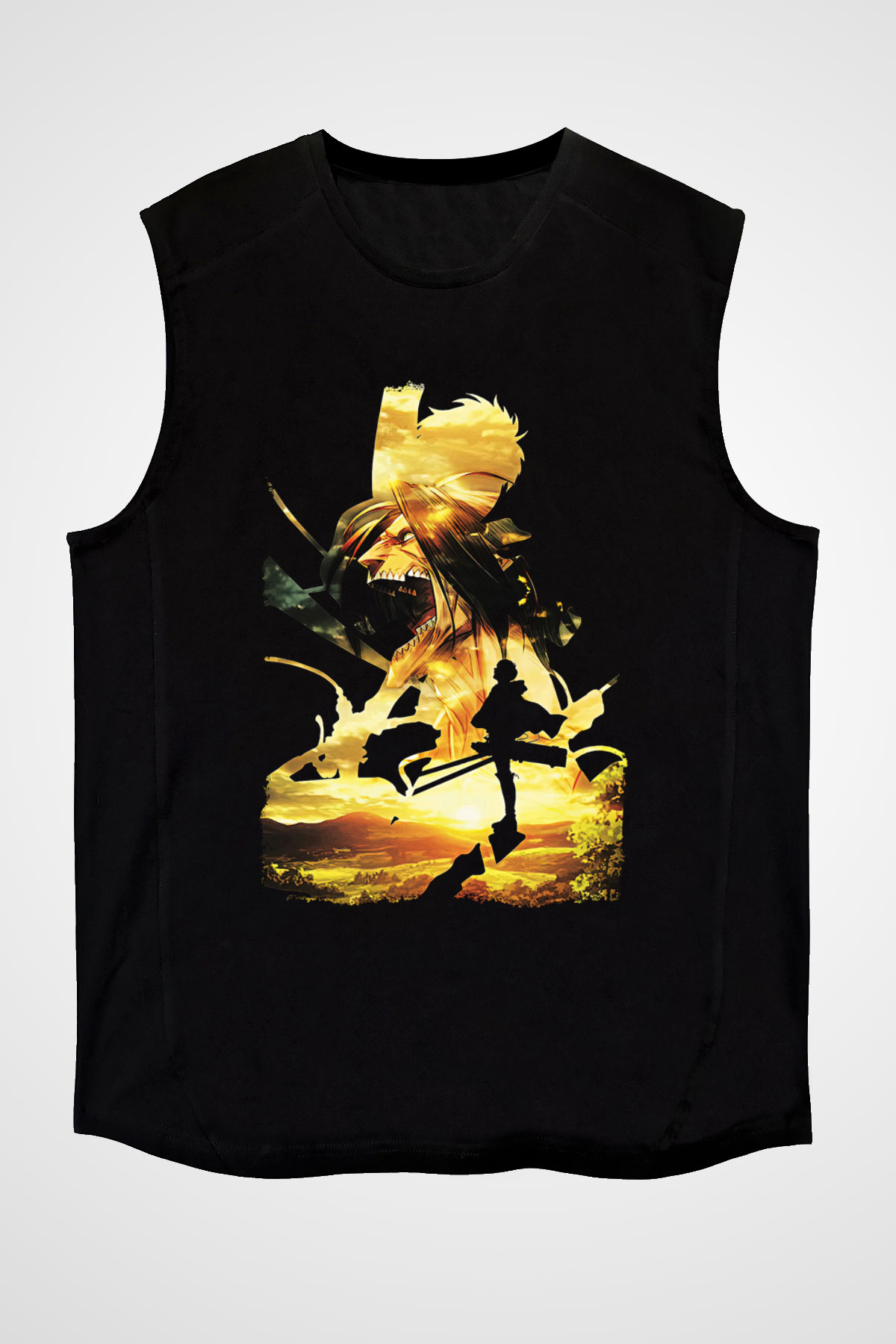 Attack On Titan Baskılı Unisex Siyah Kolsuz Tişört - Tshirt