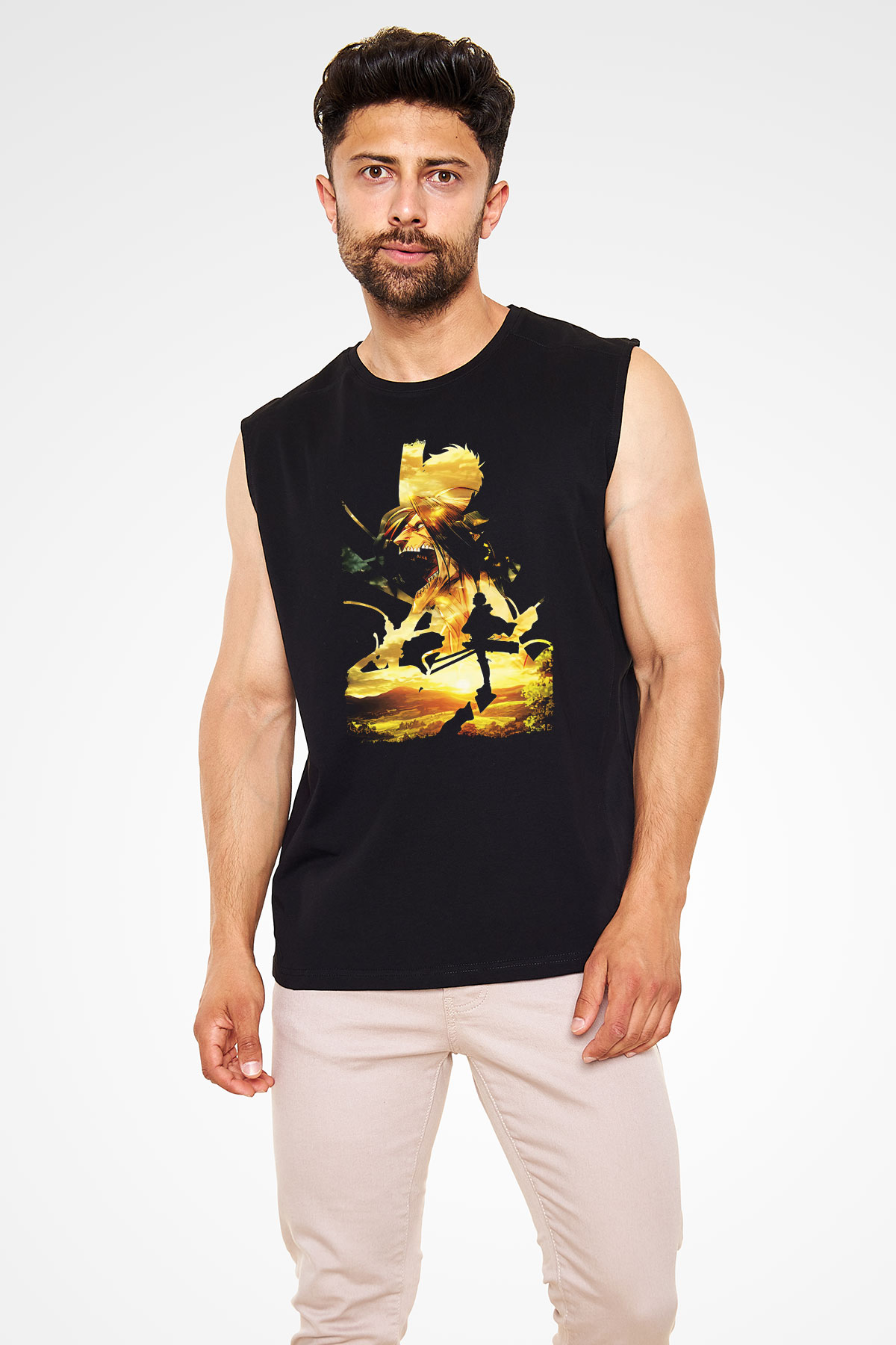 Attack On Titan Baskılı Unisex Siyah Kolsuz Tişört - Tshirt