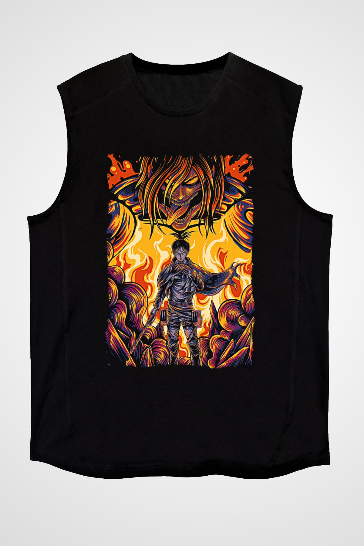 Attack On Titan Baskılı Unisex Siyah Kolsuz Tişört - Tshirt