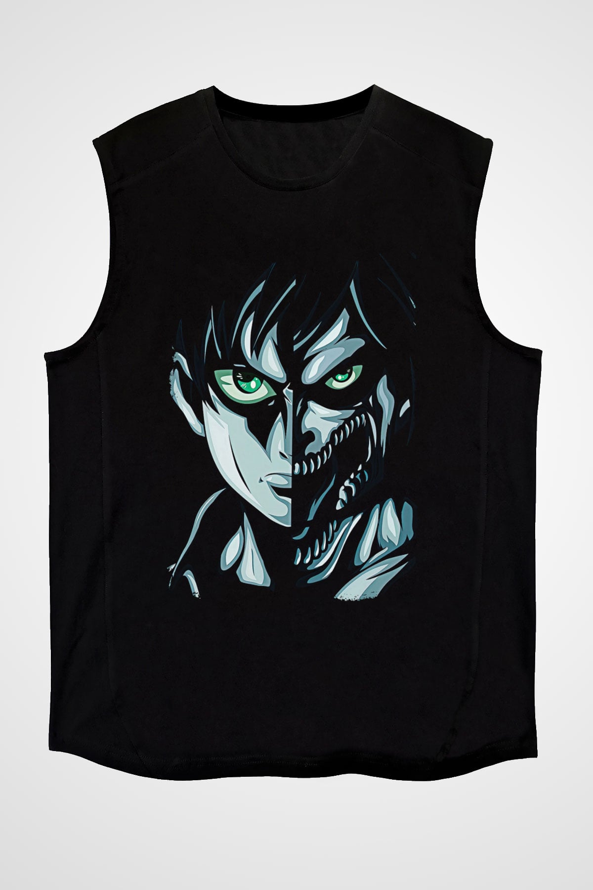 Attack On Titan Baskılı Unisex Siyah Kolsuz Tişört - Tshirt