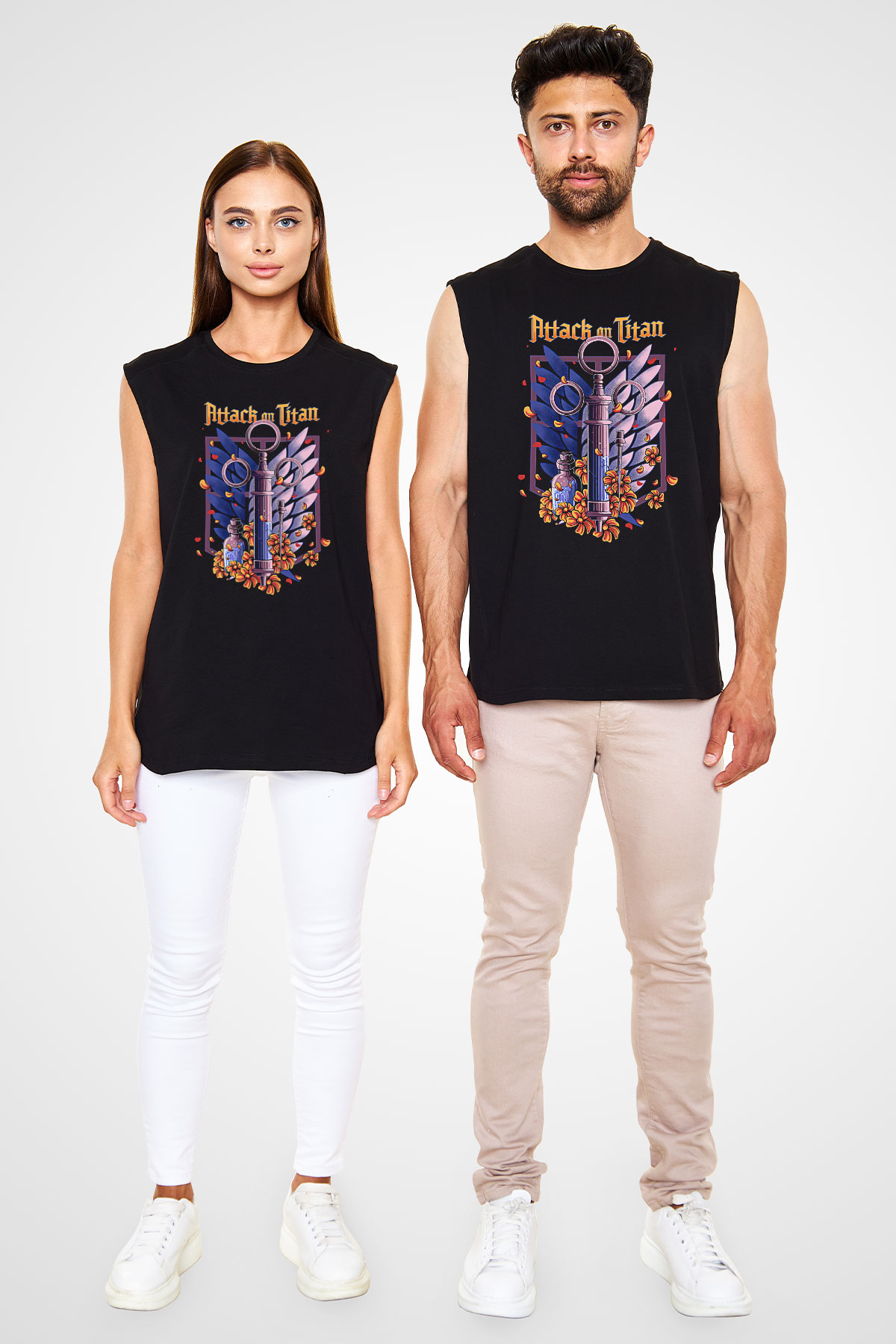 Attack On Titan Baskılı Unisex Siyah Kolsuz Tişört - Tshirt
