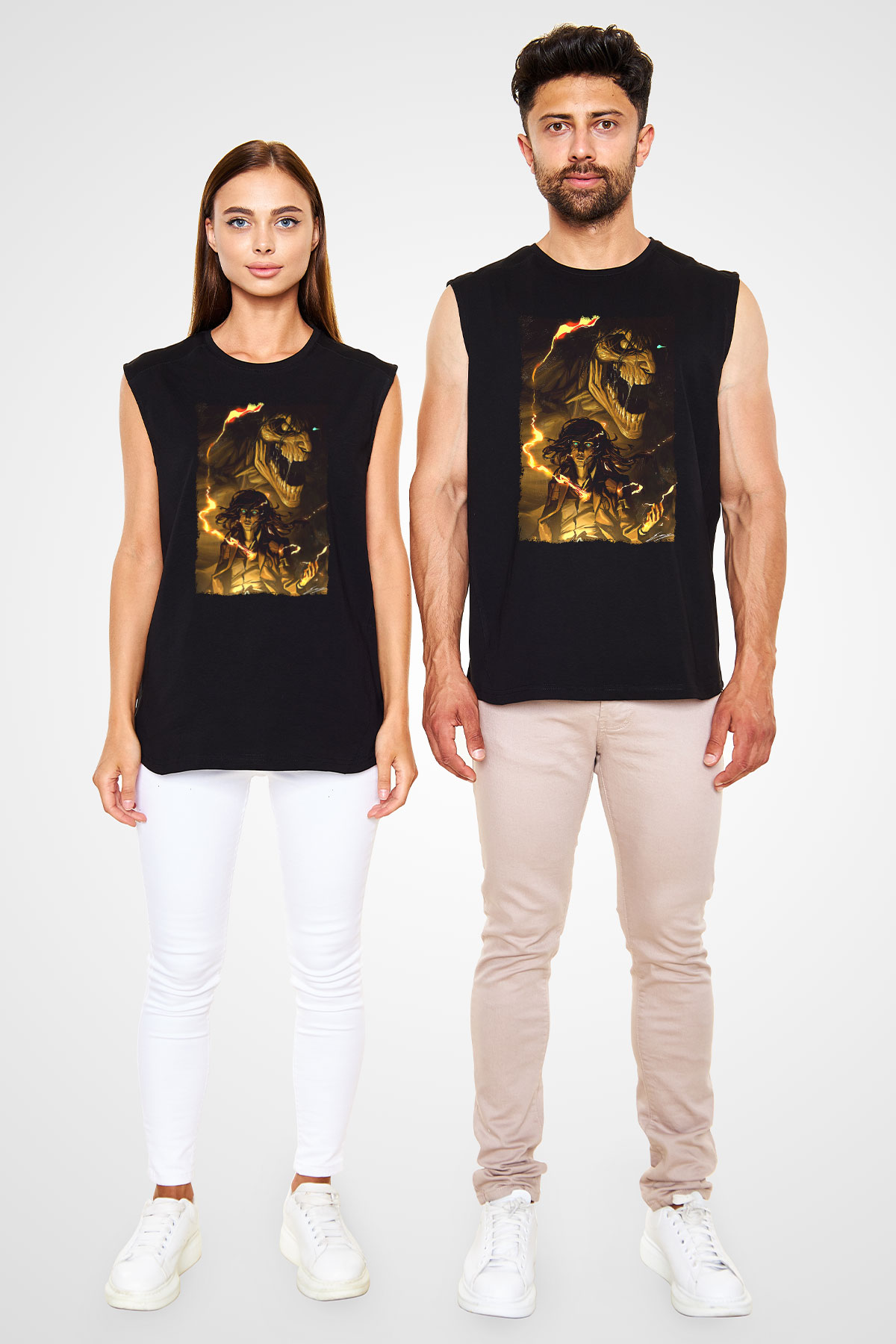 Attack On Titan Baskılı Unisex Siyah Kolsuz Tişört - Tshirt