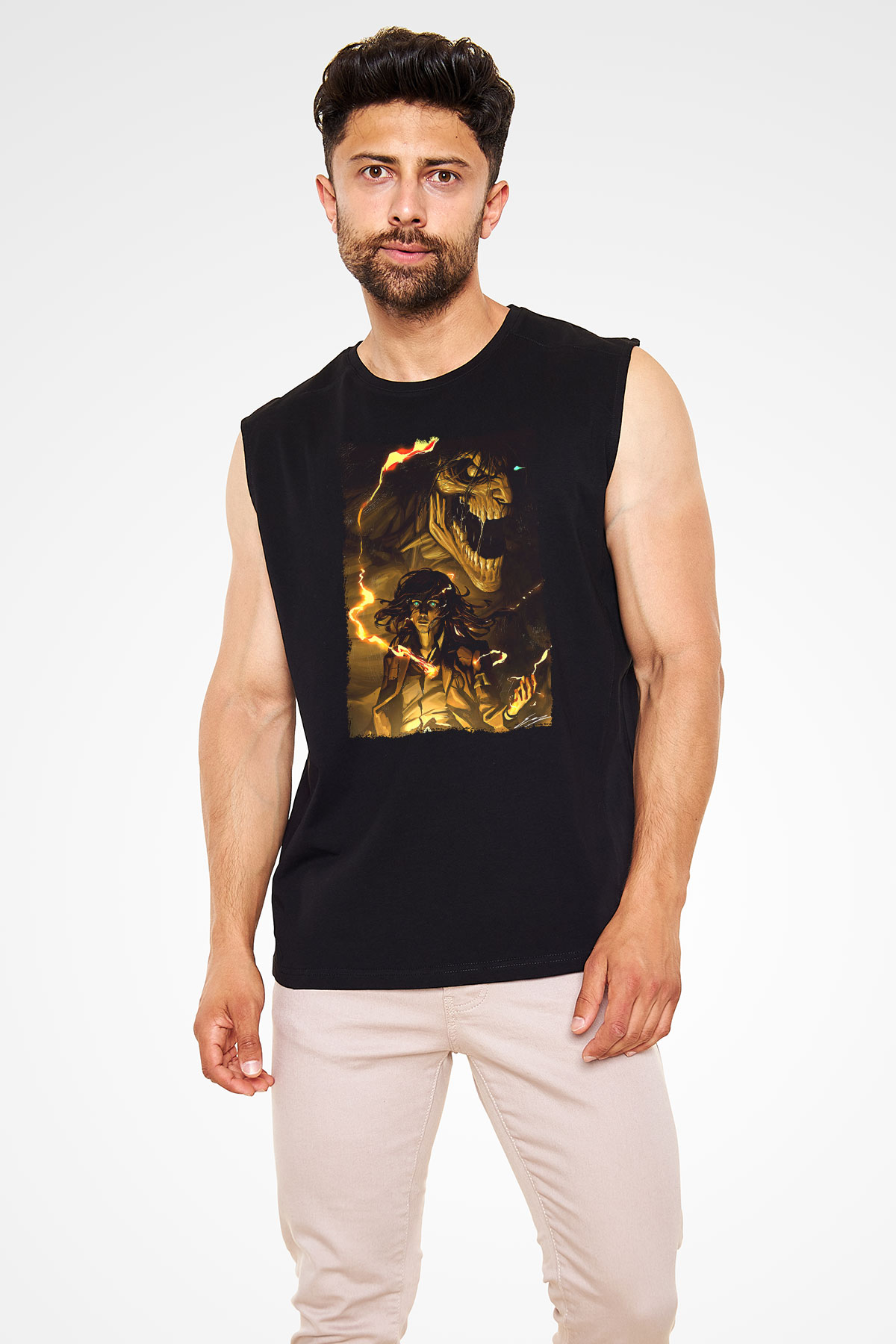 Attack On Titan Baskılı Unisex Siyah Kolsuz Tişört - Tshirt