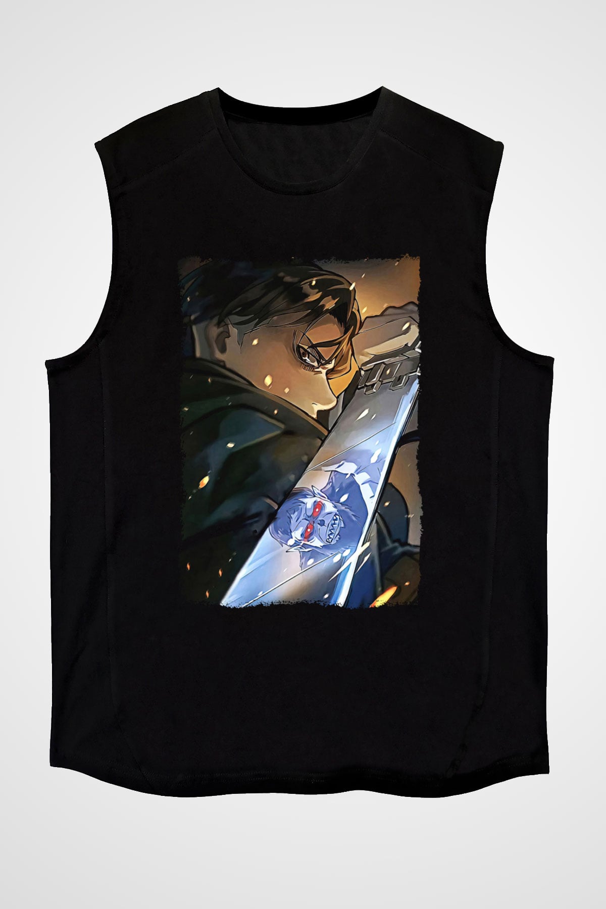 Attack On Titan Baskılı Unisex Siyah Kolsuz Tişört - Tshirt