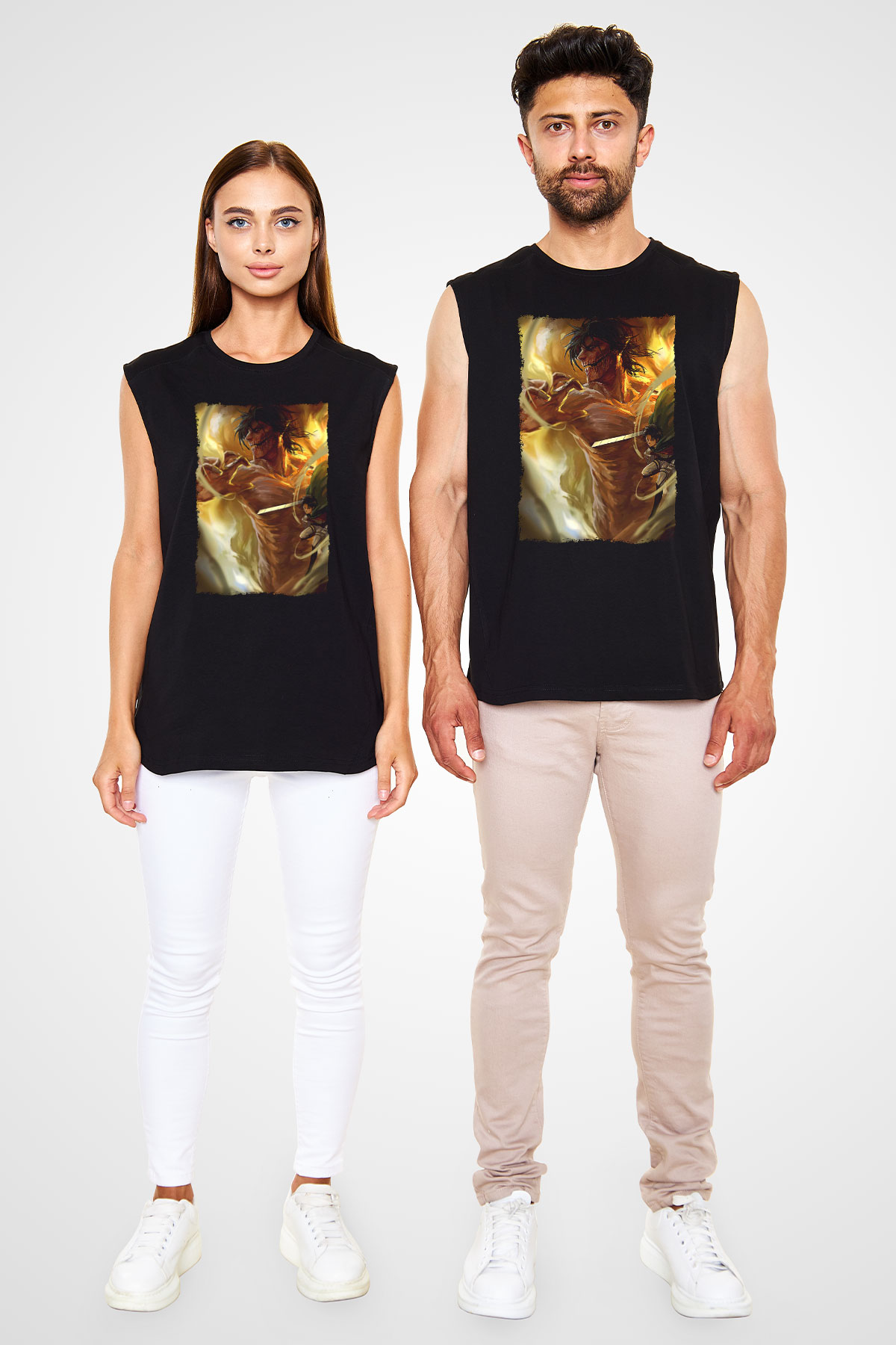Attack On Titan Baskılı Unisex Siyah Kolsuz Tişört - Tshirt