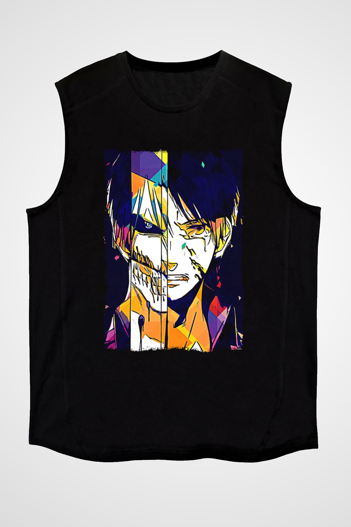 Attack On Titan Baskılı Unisex Siyah Kolsuz Tişört - Tshirt