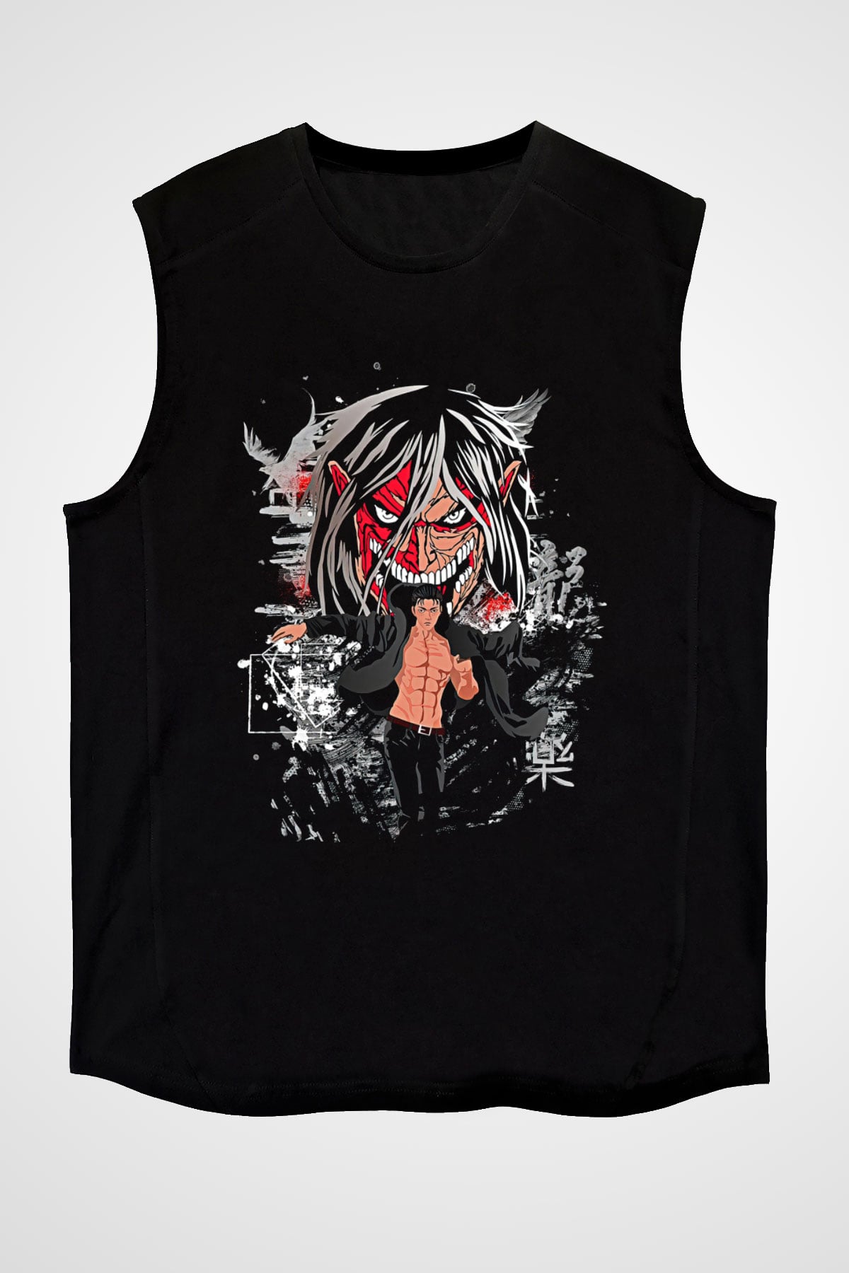 Attack On Titan Baskılı Unisex Siyah Kolsuz Tişört - Tshirt