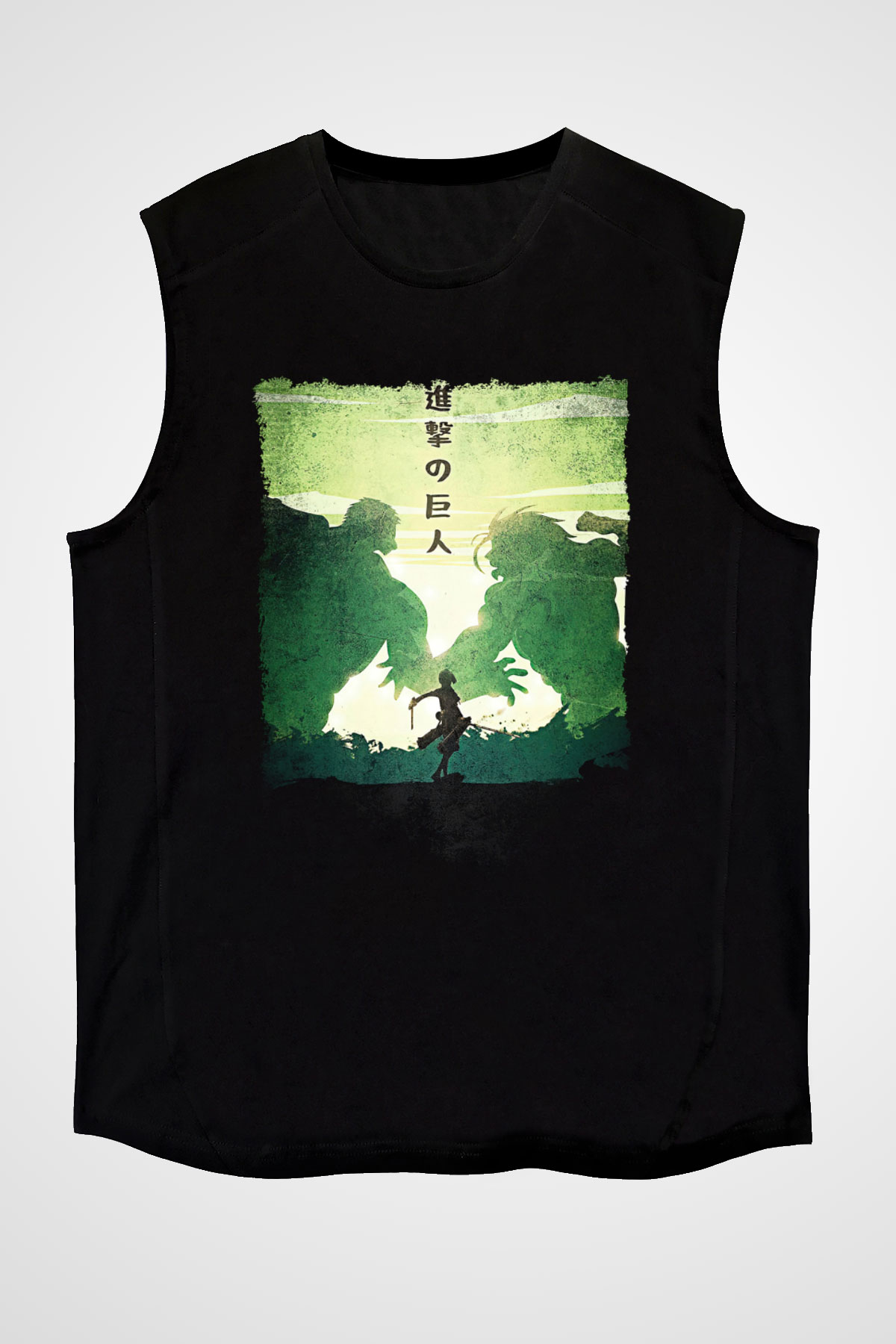 Attack On Titan Baskılı Unisex Siyah Kolsuz Tişört - Tshirt