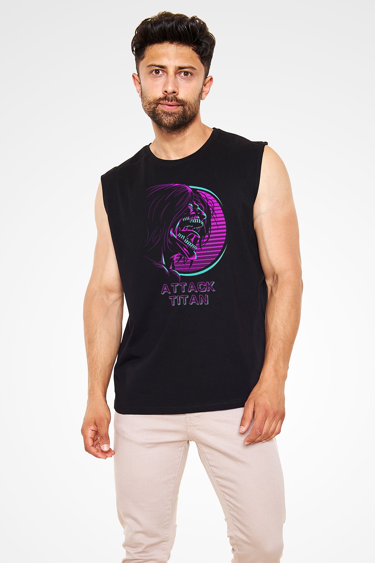 Attack On Titan Baskılı Unisex Siyah Kolsuz Tişört - Tshirt