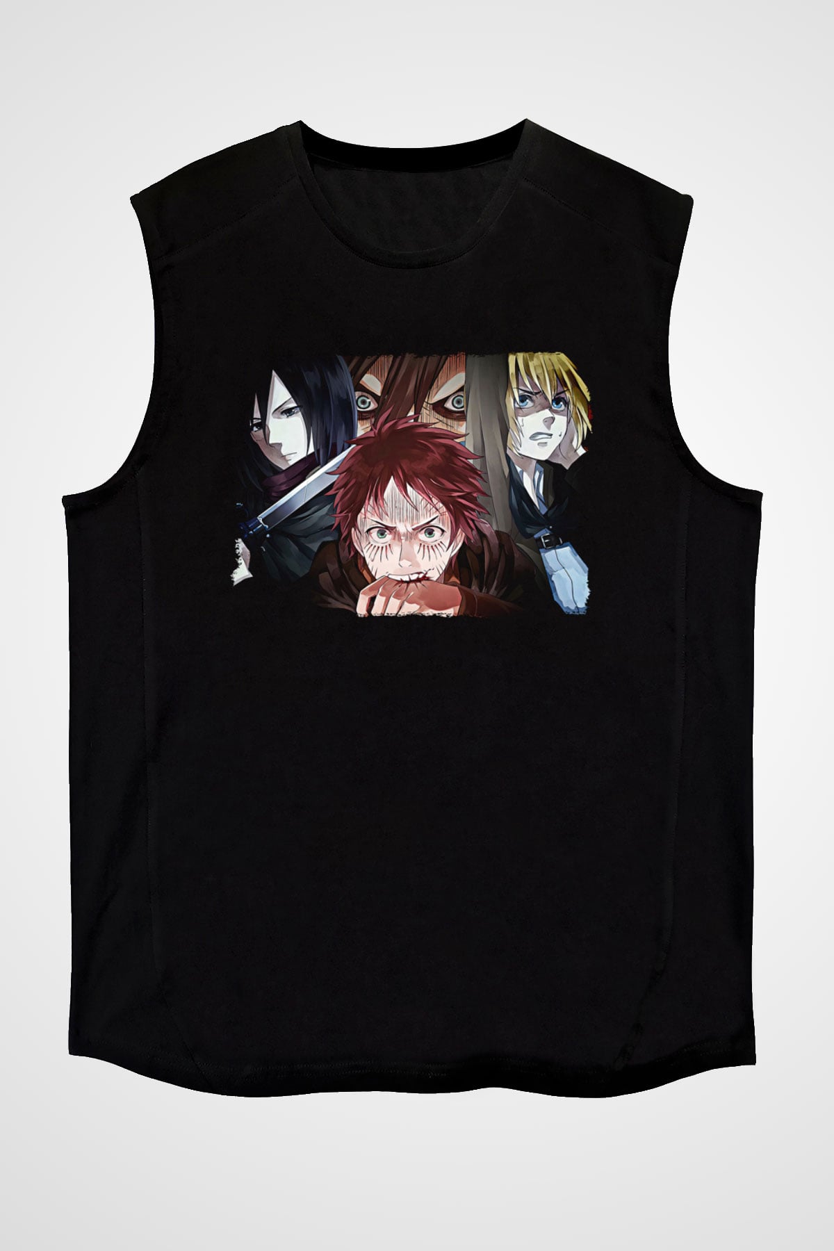 Attack On Titan Baskılı Unisex Siyah Kolsuz Tişört - Tshirt