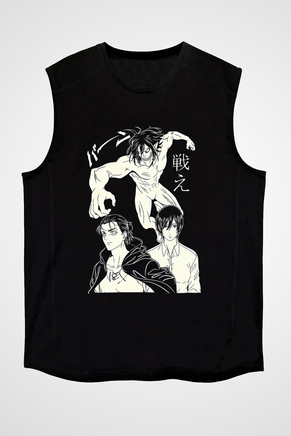 Attack On Titan Baskılı Unisex Siyah Kolsuz Tişört - Tshirt