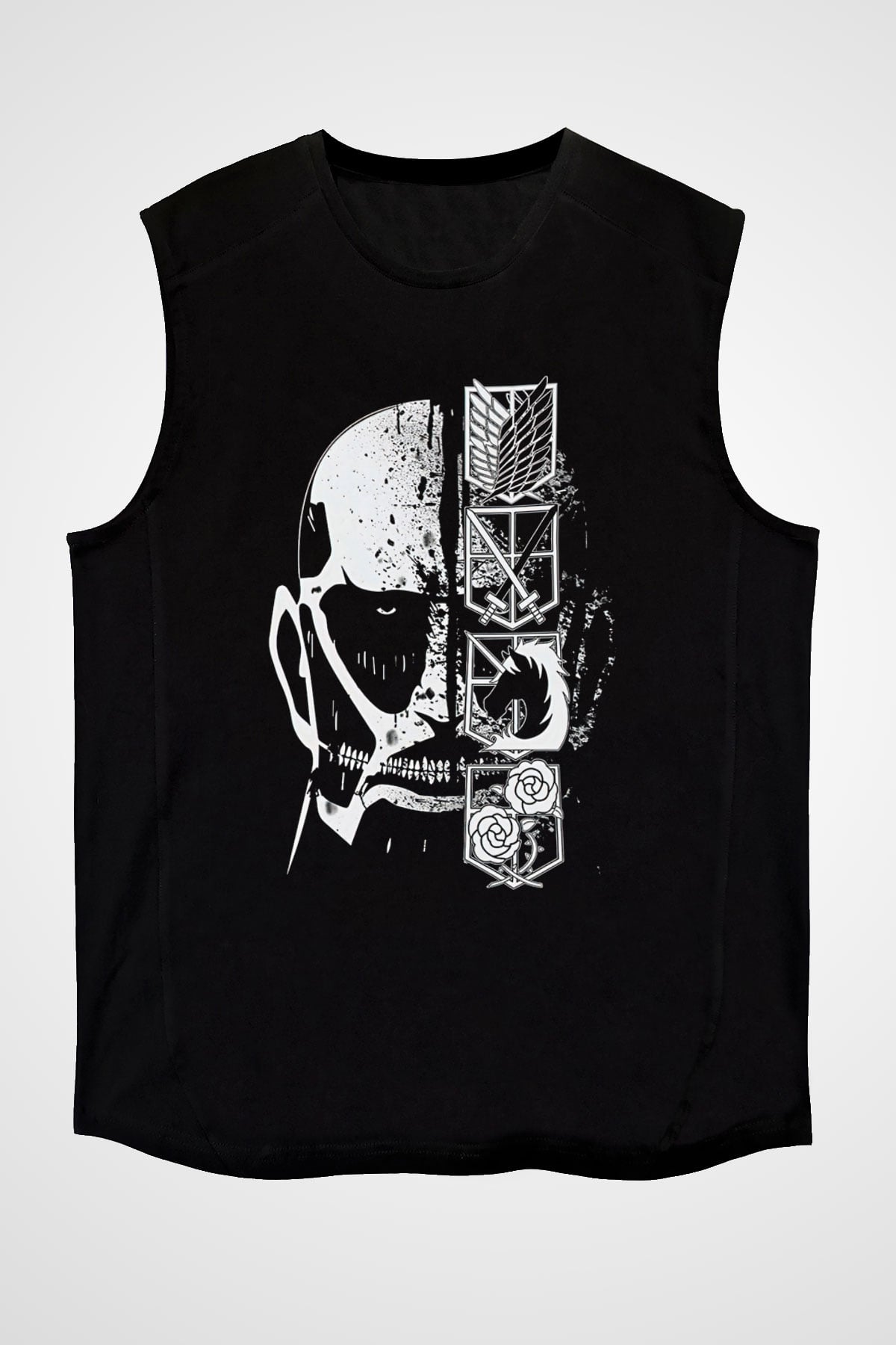 Attack On Titan Baskılı Unisex Siyah Kolsuz Tişört - Tshirt
