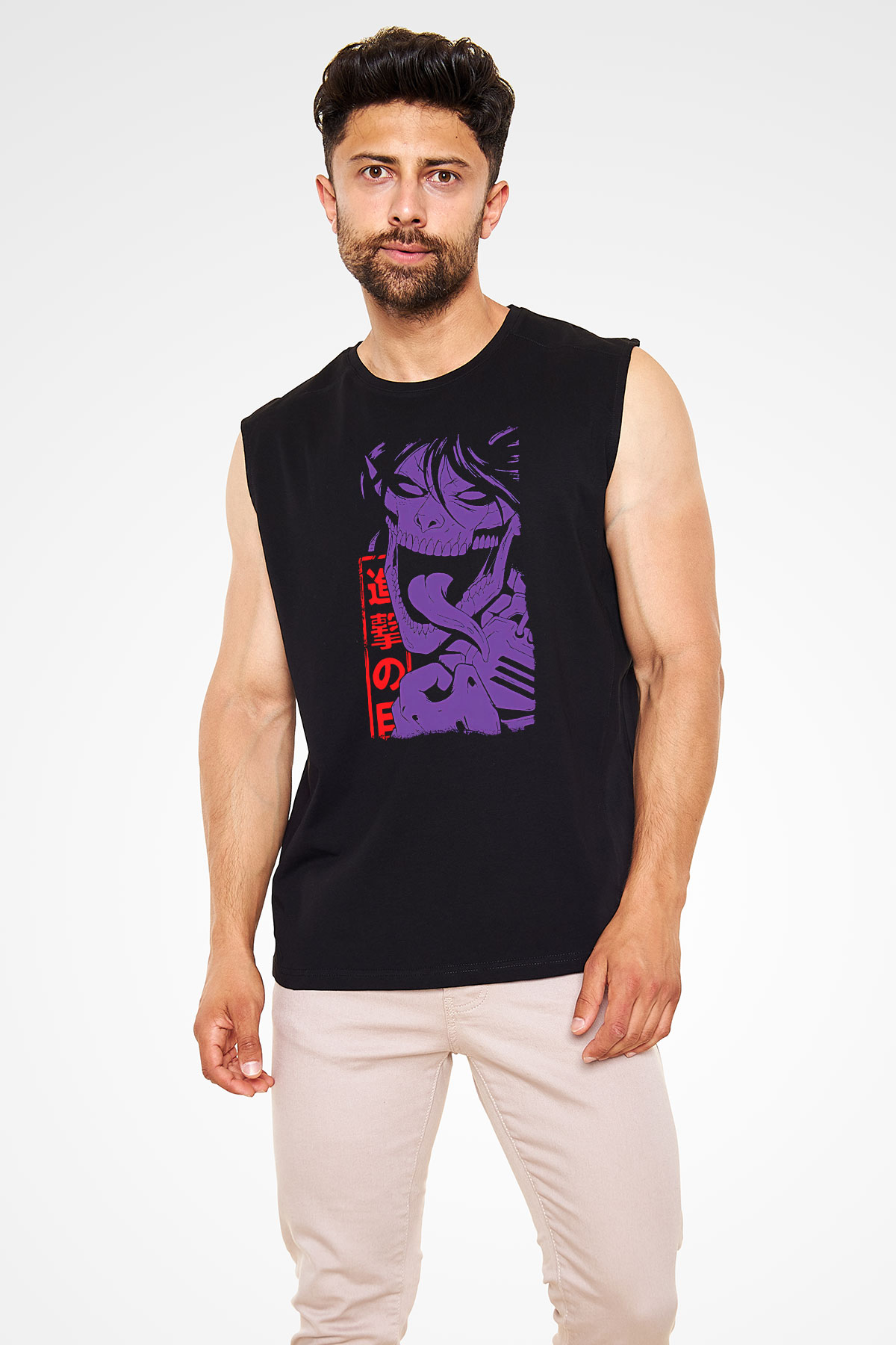 Attack On Titan Baskılı Unisex Siyah Kolsuz Tişört - Tshirt