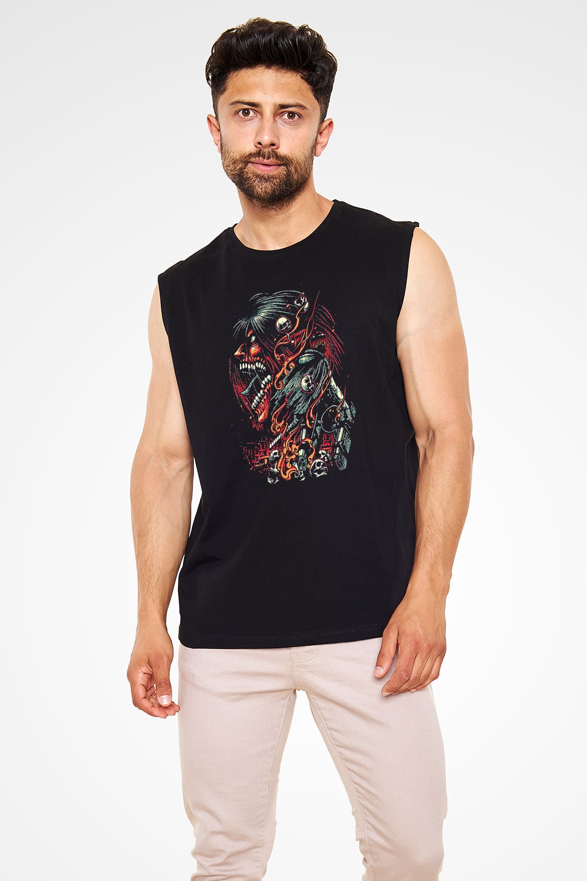 Attack On Titan Baskılı Unisex Siyah Kolsuz Tişört - Tshirt