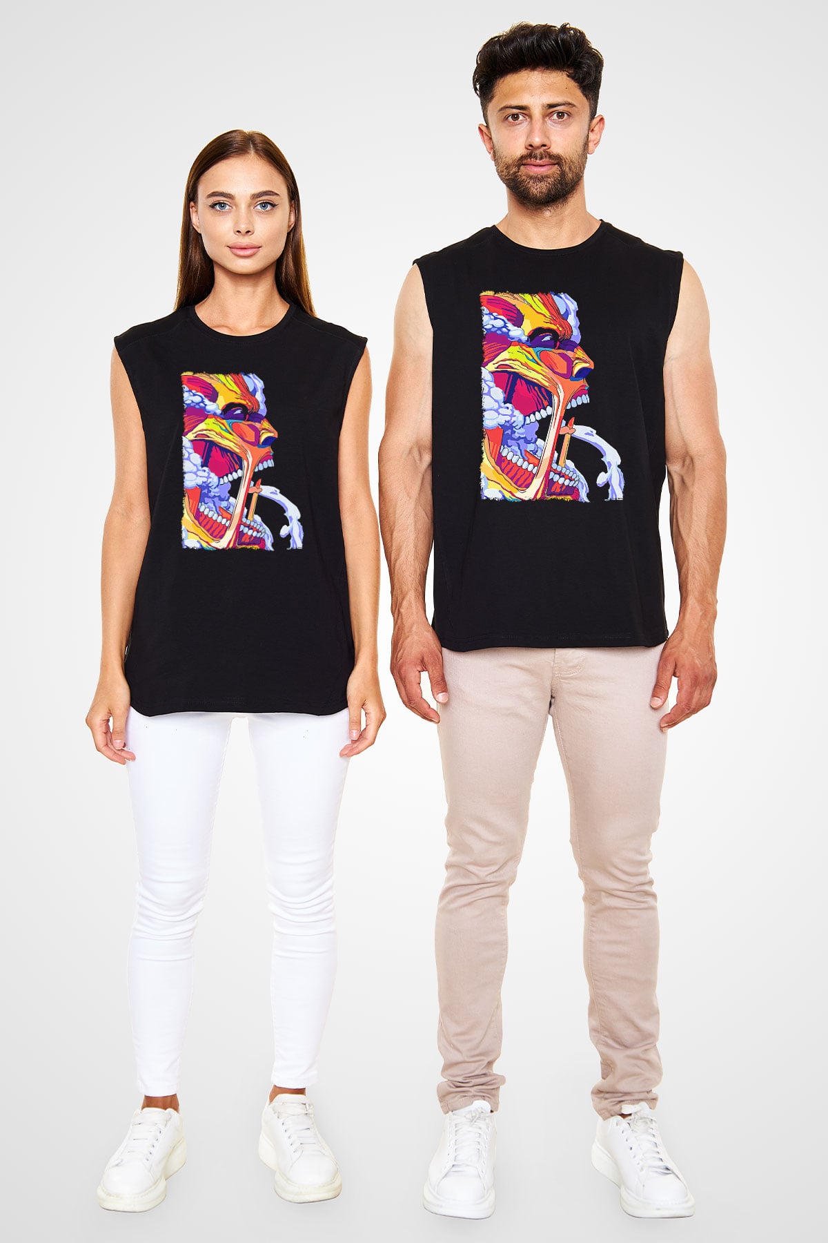 Attack On Titan Baskılı Unisex Siyah Kolsuz Tişört - Tshirt