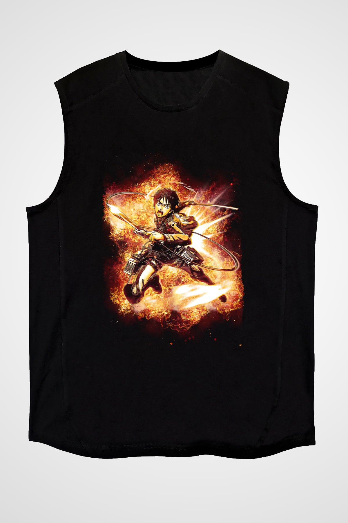 Attack On Titan Baskılı Unisex Siyah Kolsuz Tişört - Tshirt