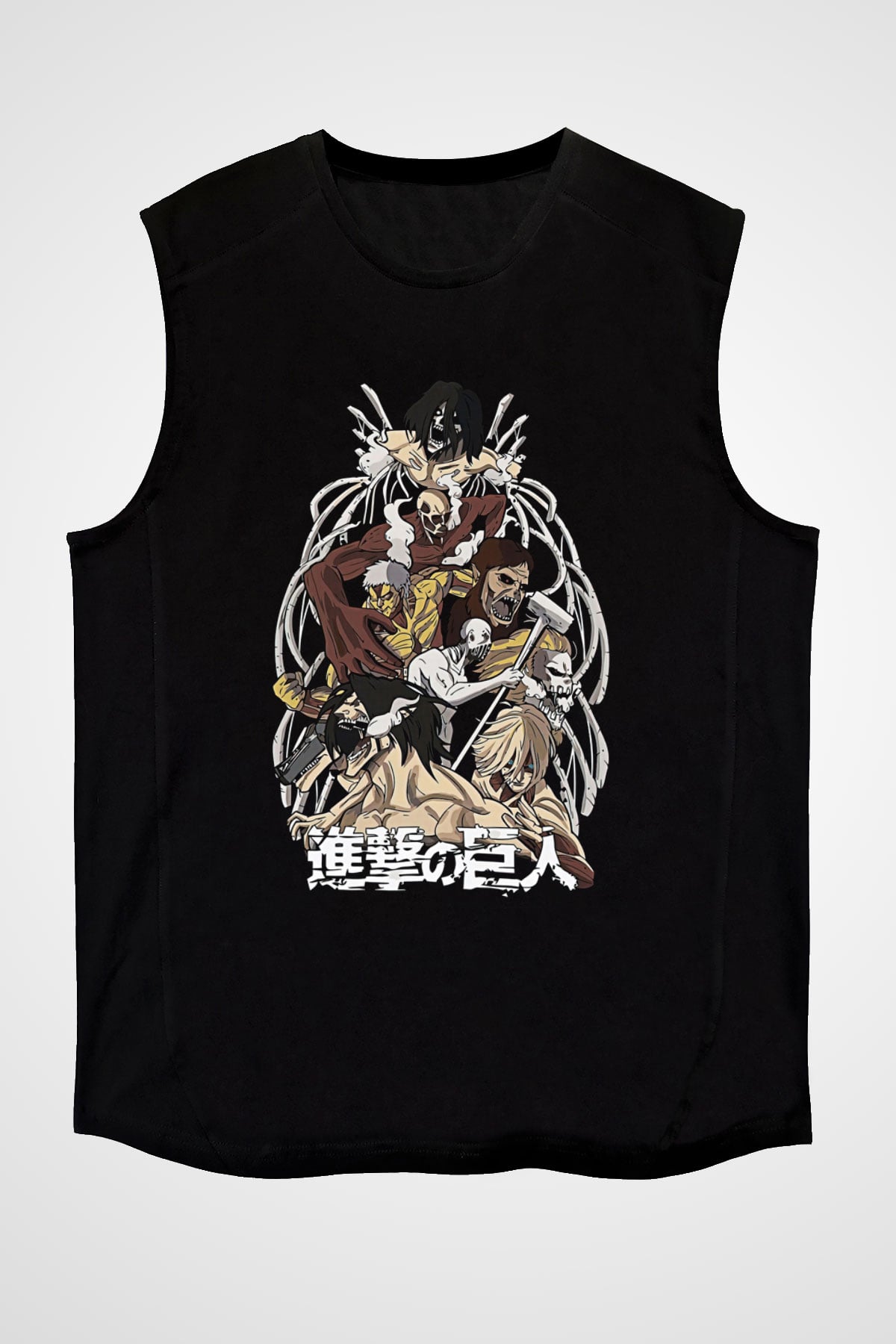 Attack On Titan Baskılı Unisex Siyah Kolsuz Tişört - Tshirt