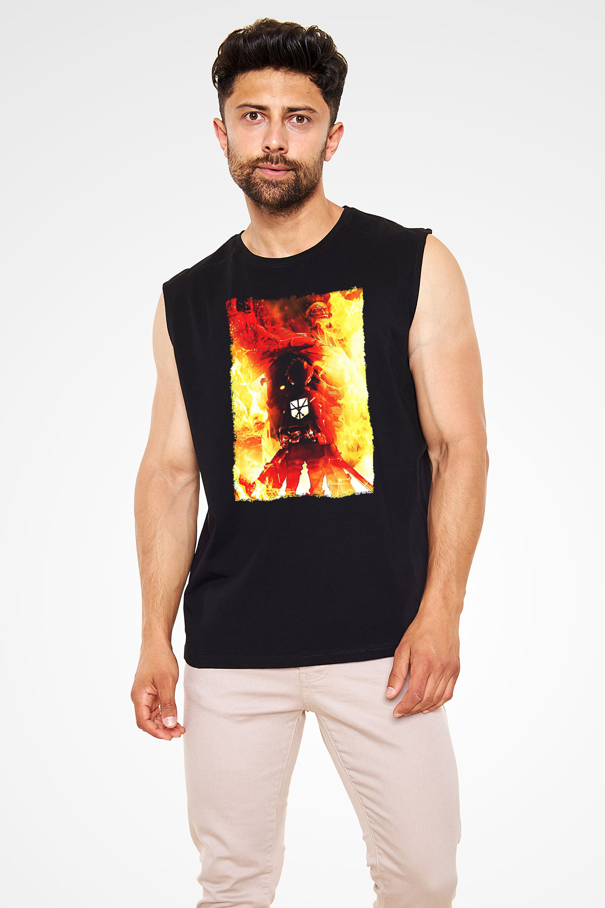 Attack On Titan Baskılı Unisex Siyah Kolsuz Tişört - Tshirt