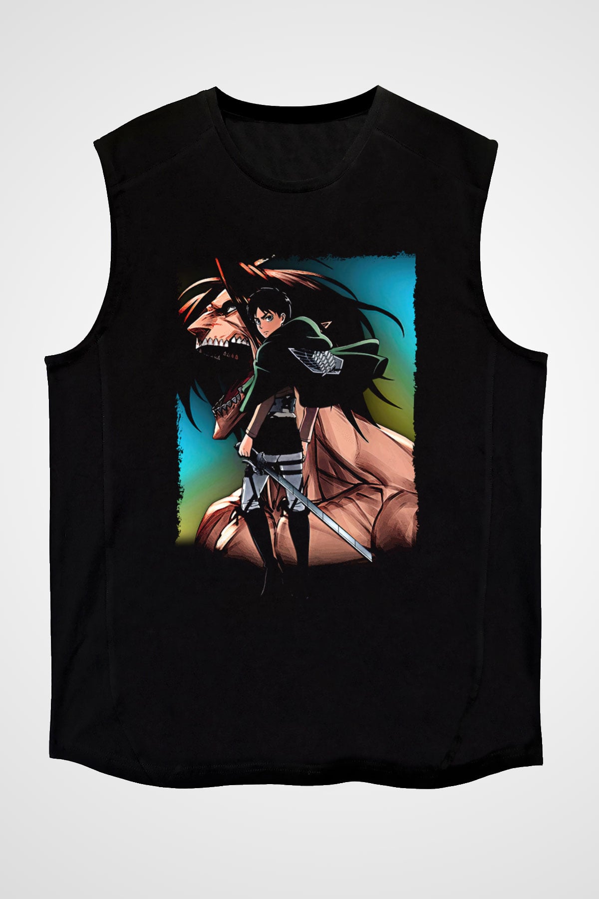 Attack On Titan Baskılı Unisex Siyah Kolsuz Tişört - Tshirt