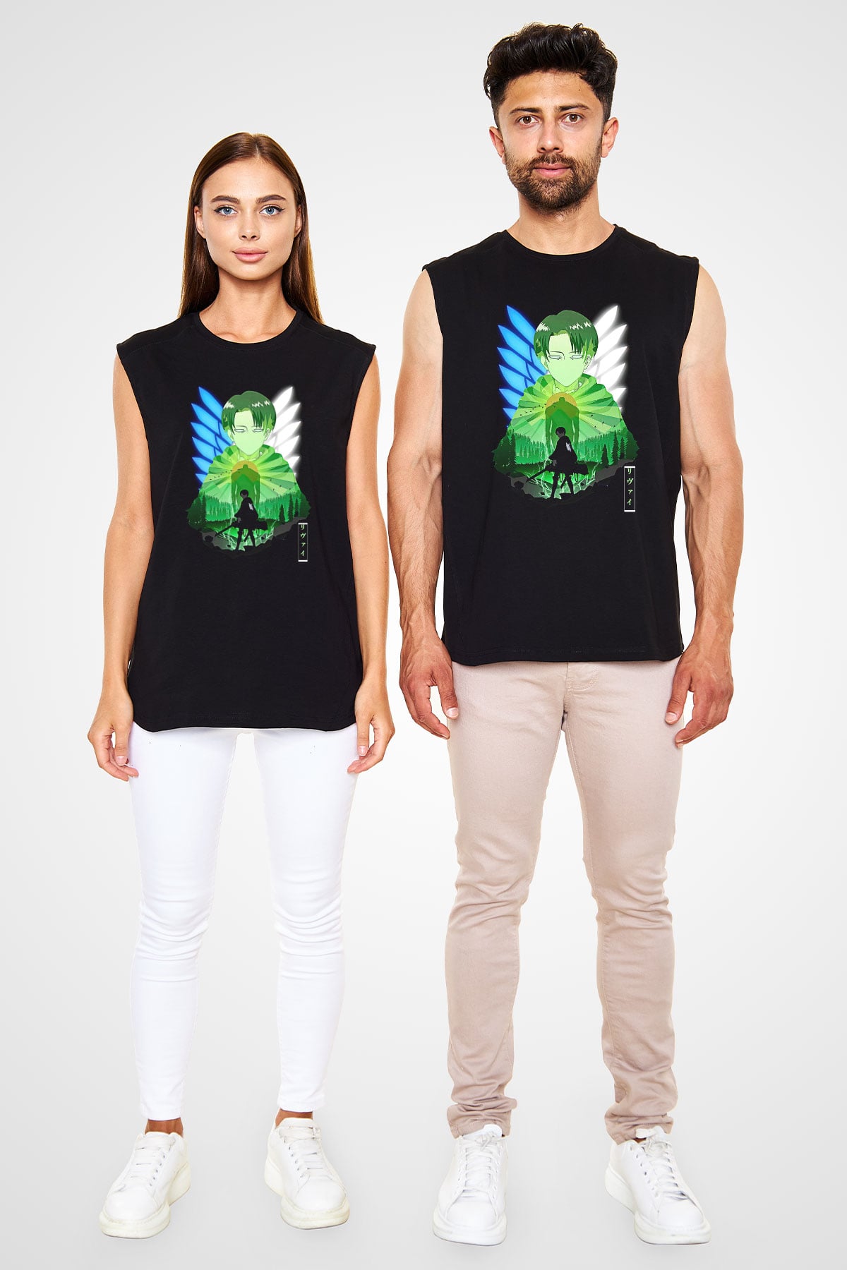 Attack On Titan Baskılı Unisex Siyah Kolsuz Tişört - Tshirt