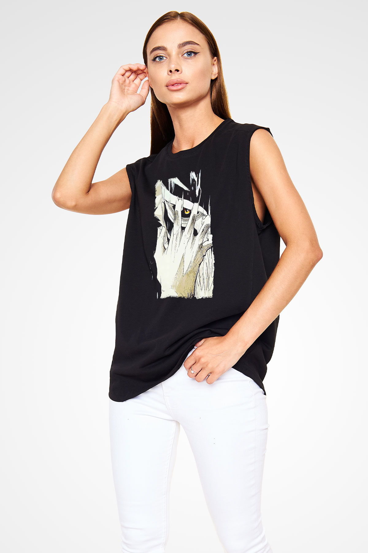 Attack On Titan Baskılı Unisex Siyah Kolsuz Tişört - Tshirt