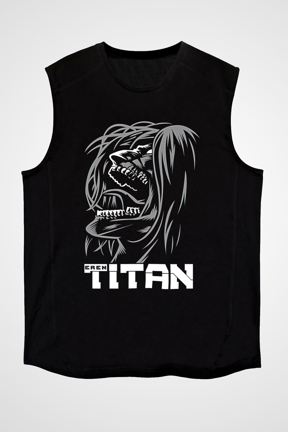 Attack On Titan Baskılı Unisex Siyah Kolsuz Tişört - Tshirt