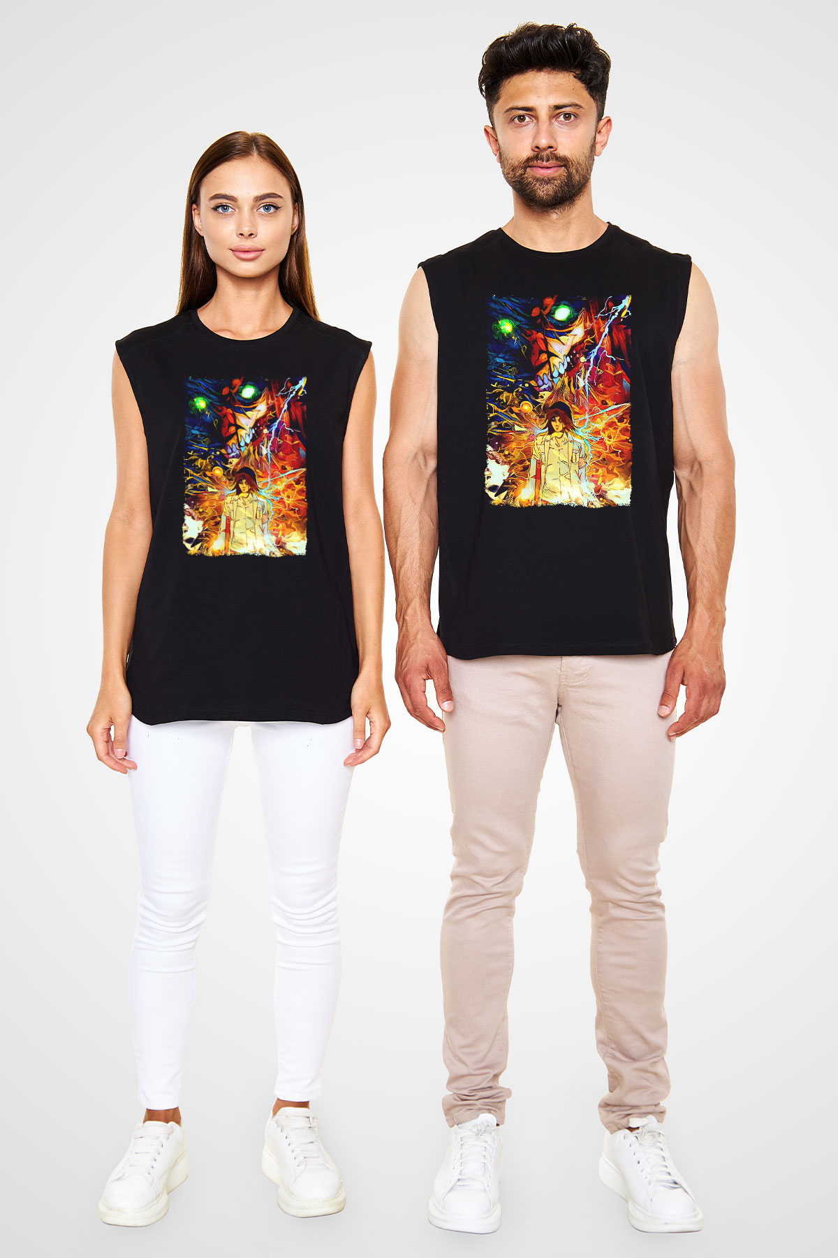 Attack On Titan Baskılı Unisex Siyah Kolsuz Tişört - Tshirt