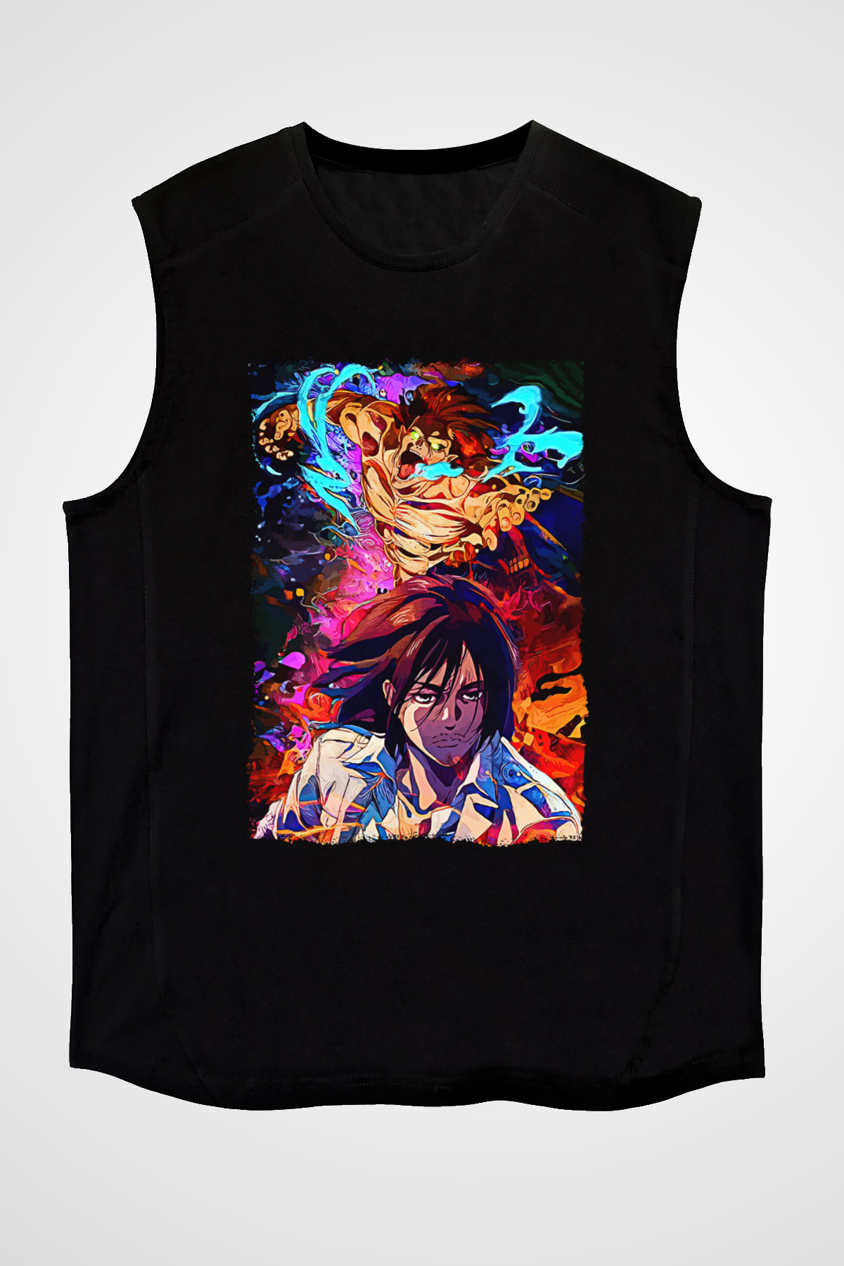 Attack On Titan Baskılı Unisex Siyah Kolsuz Tişört - Tshirt