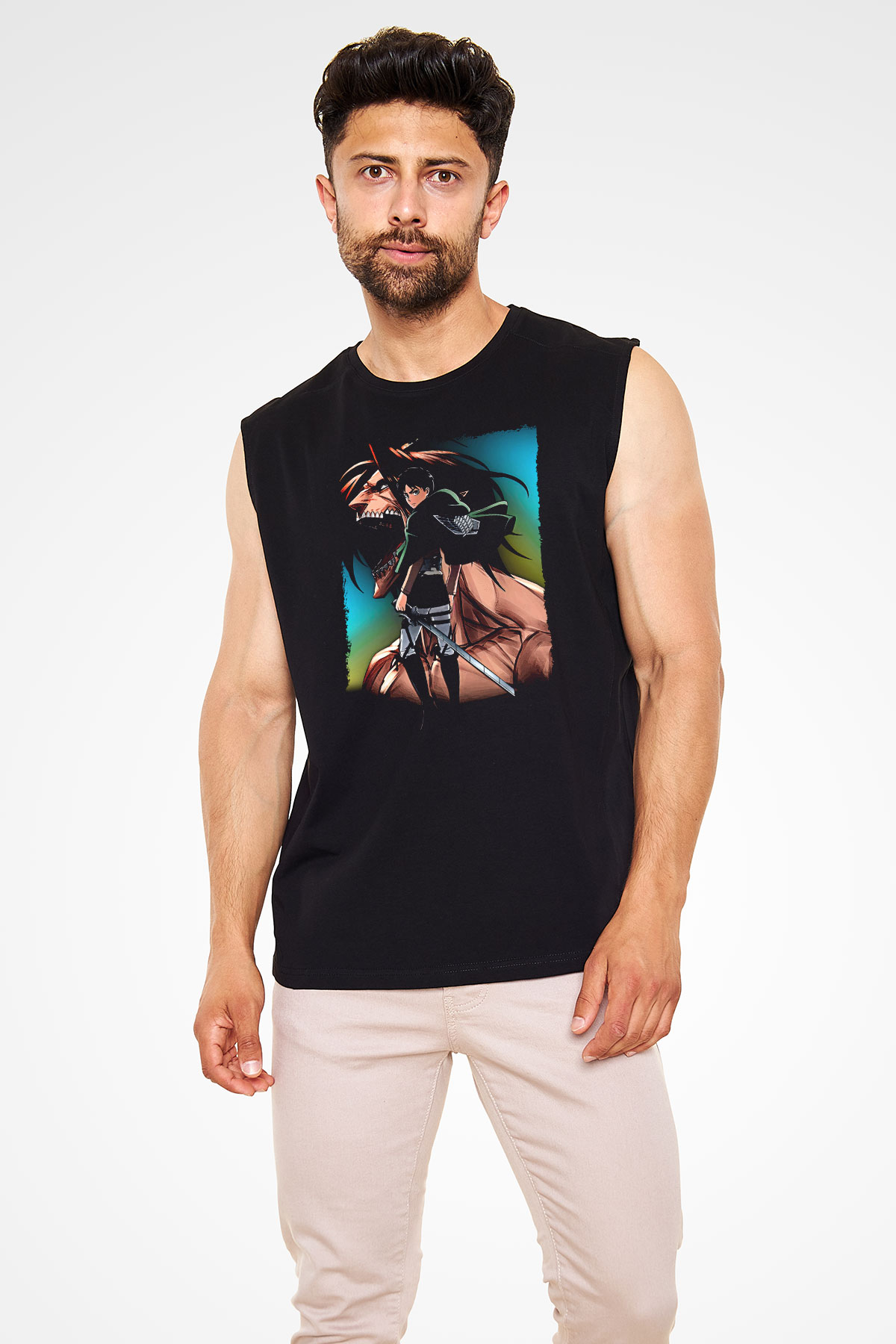 Attack On Titan Baskılı Unisex Siyah Kolsuz Tişört - Tshirt
