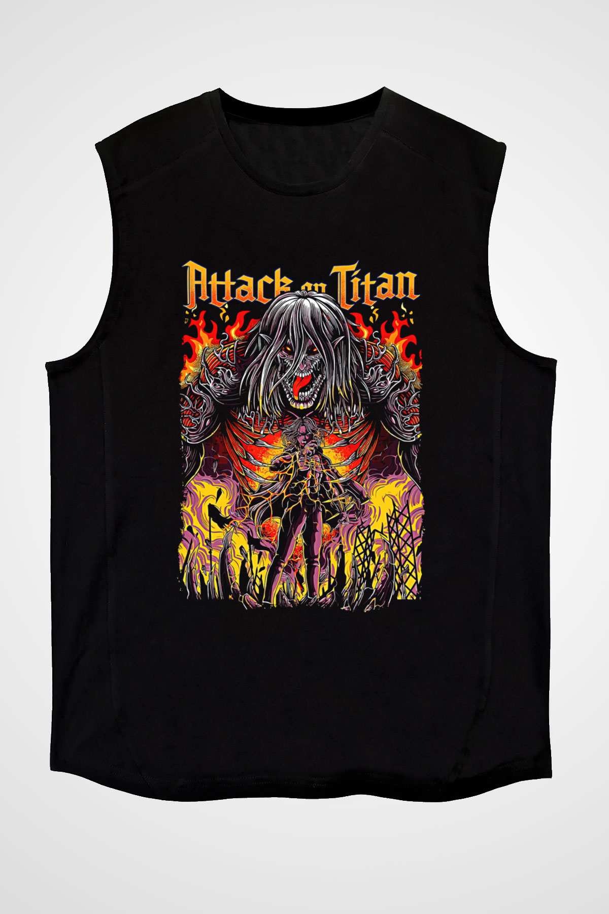 Attack On Titan Baskılı Unisex Siyah Kolsuz Tişört - Tshirt