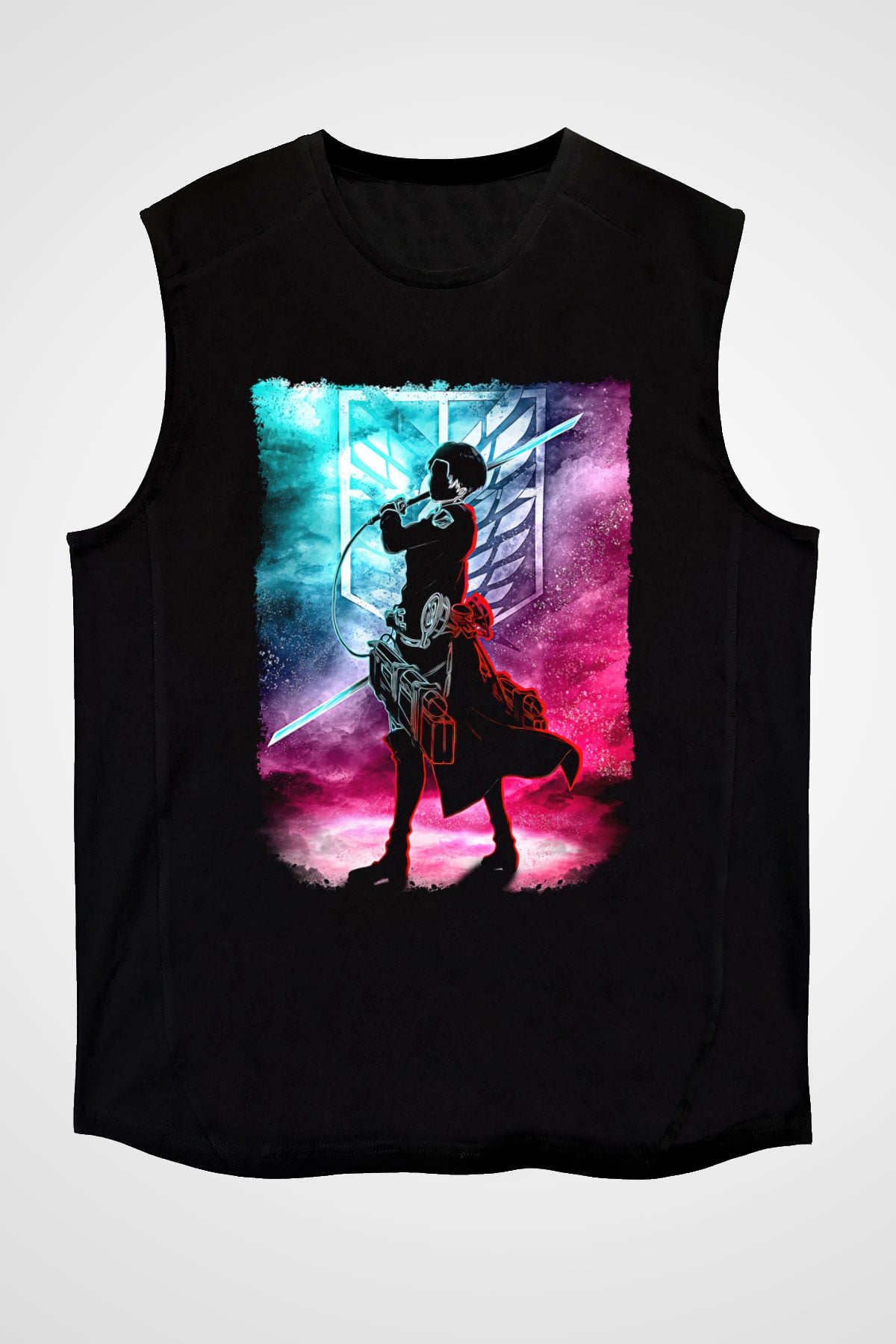 Attack On Titan Baskılı Unisex Siyah Kolsuz Tişört - Tshirt