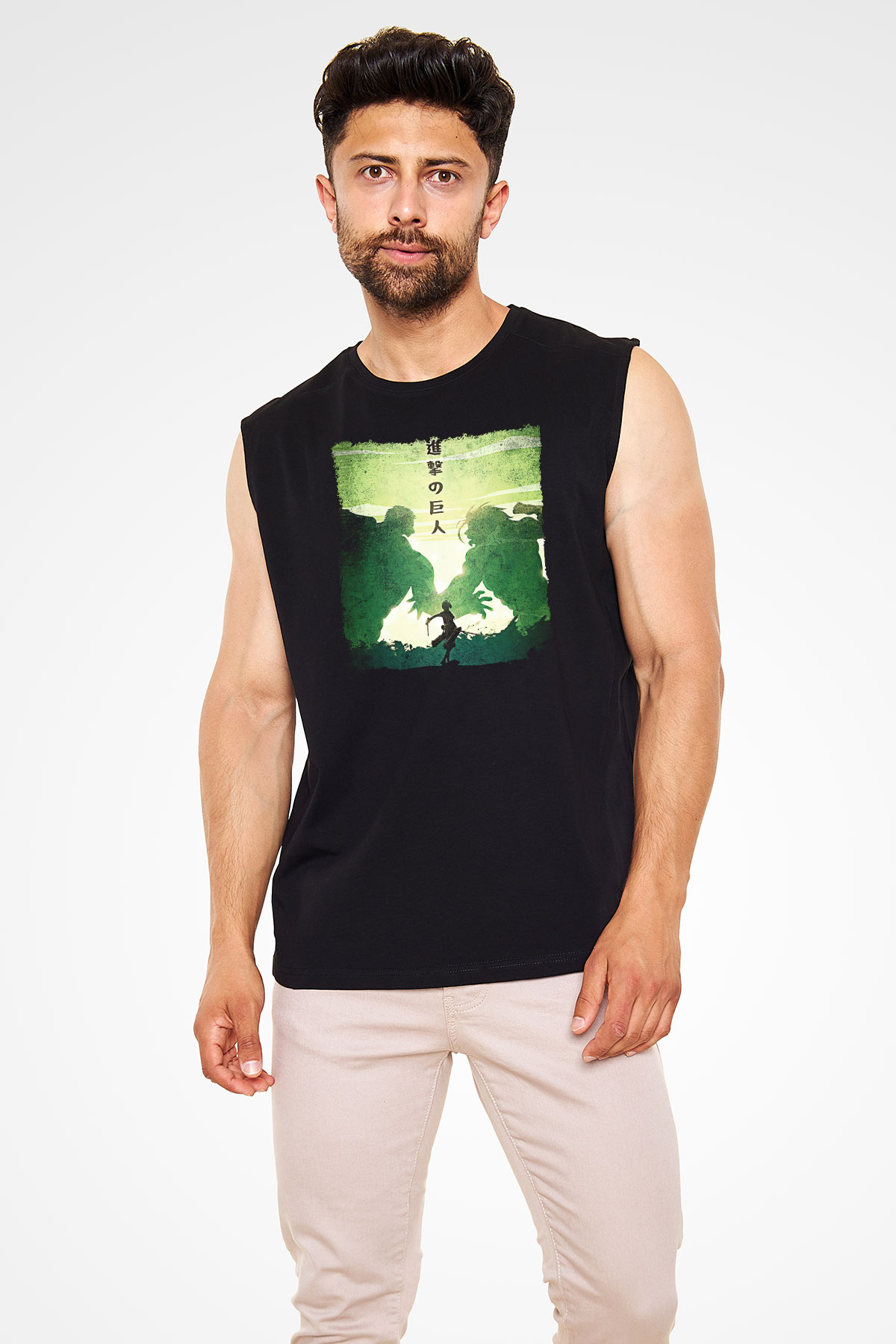 Attack On Titan Baskılı Unisex Siyah Kolsuz Tişört - Tshirt