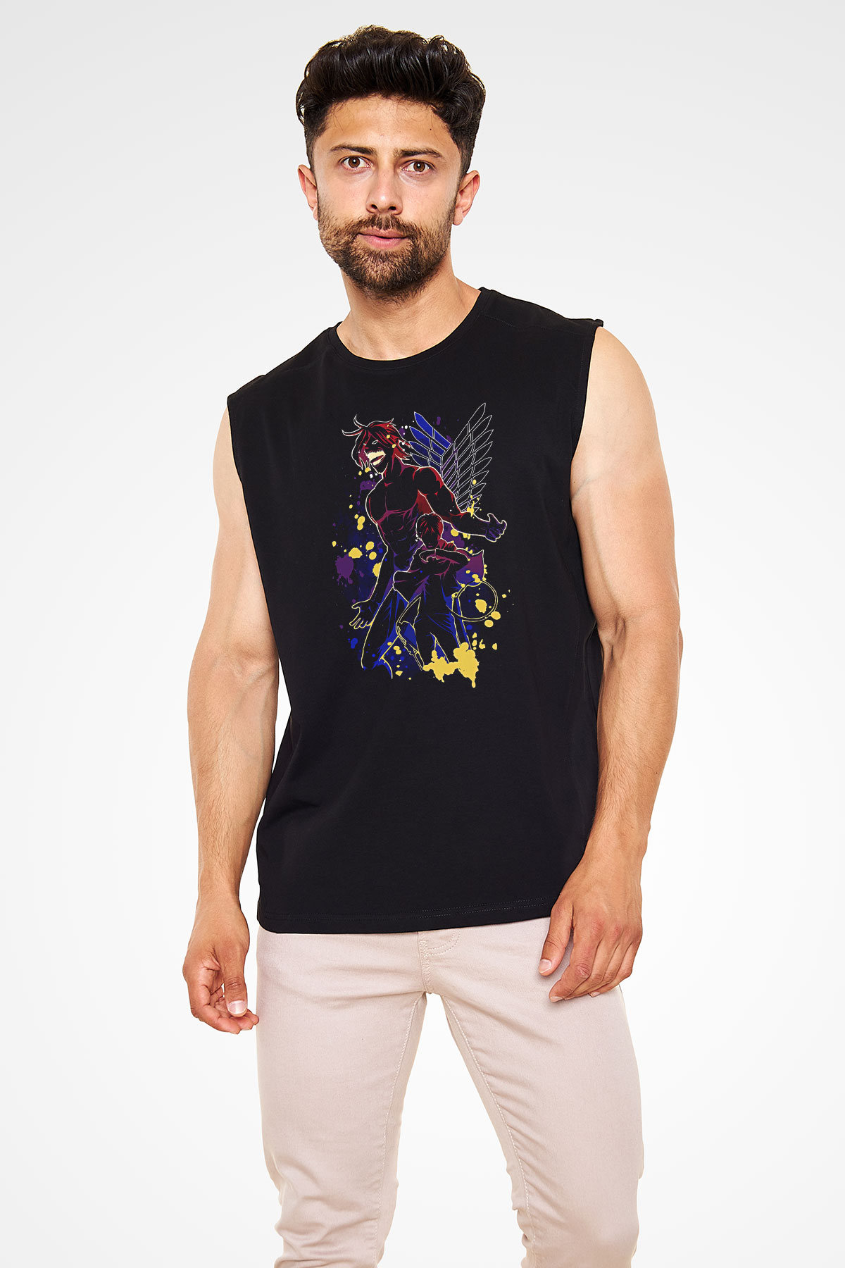 Attack On Titan Baskılı Unisex Siyah Kolsuz Tişört - Tshirt