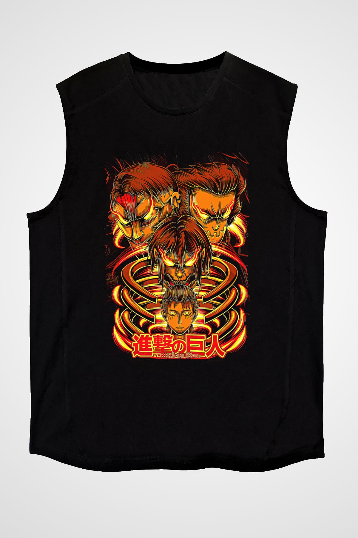 Attack On Titan Baskılı Unisex Siyah Kolsuz Tişört - Tshirt